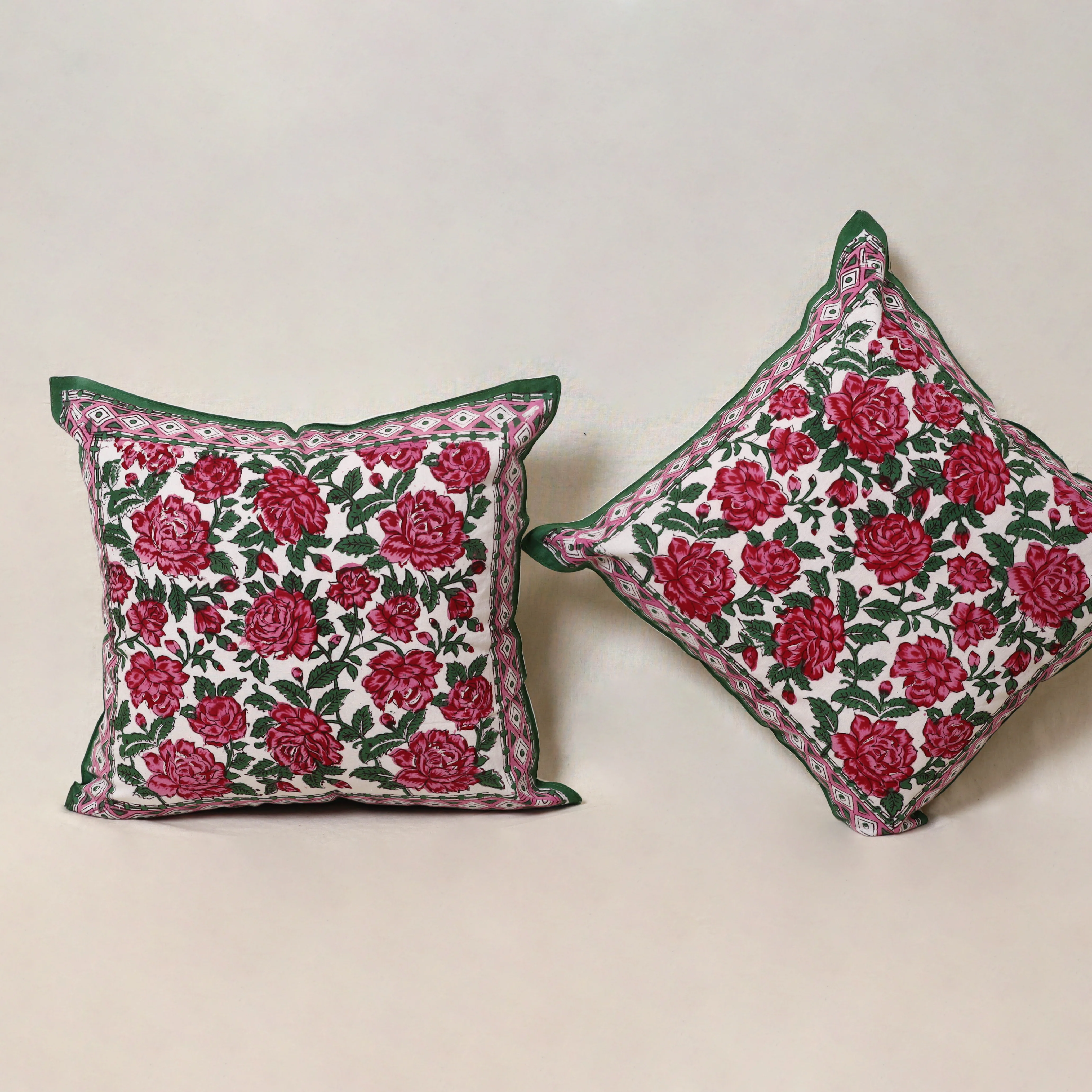 Pink - Block Print Sanganeri Floral Cushion Cover (Set of 5) 04 - Image 3