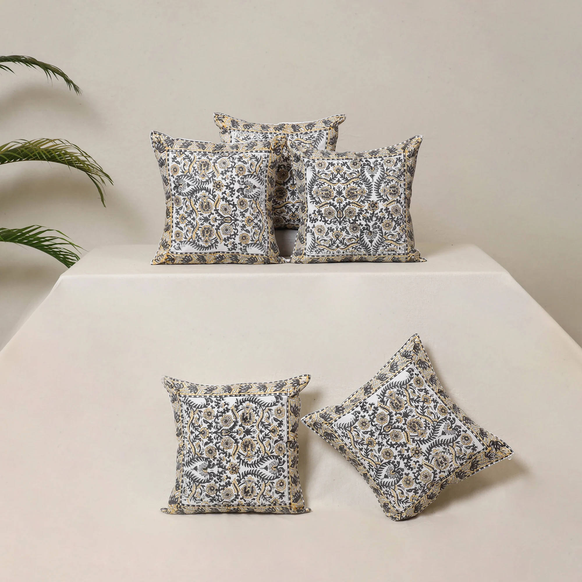 White - Block Print Sanganeri Floral Cushion Cover (Set of 5) 05