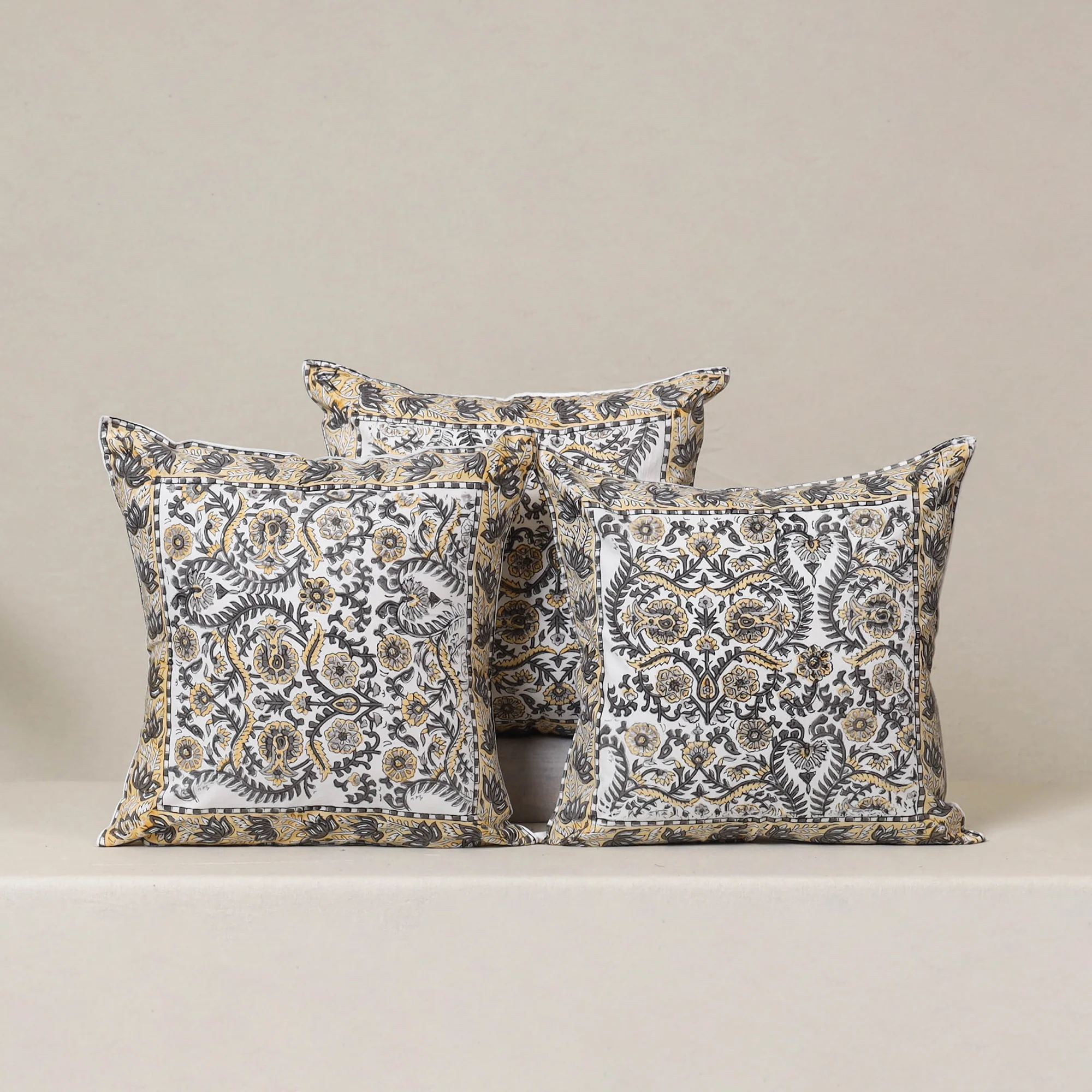 White - Block Print Sanganeri Floral Cushion Cover (Set of 5) 05 - Image 2