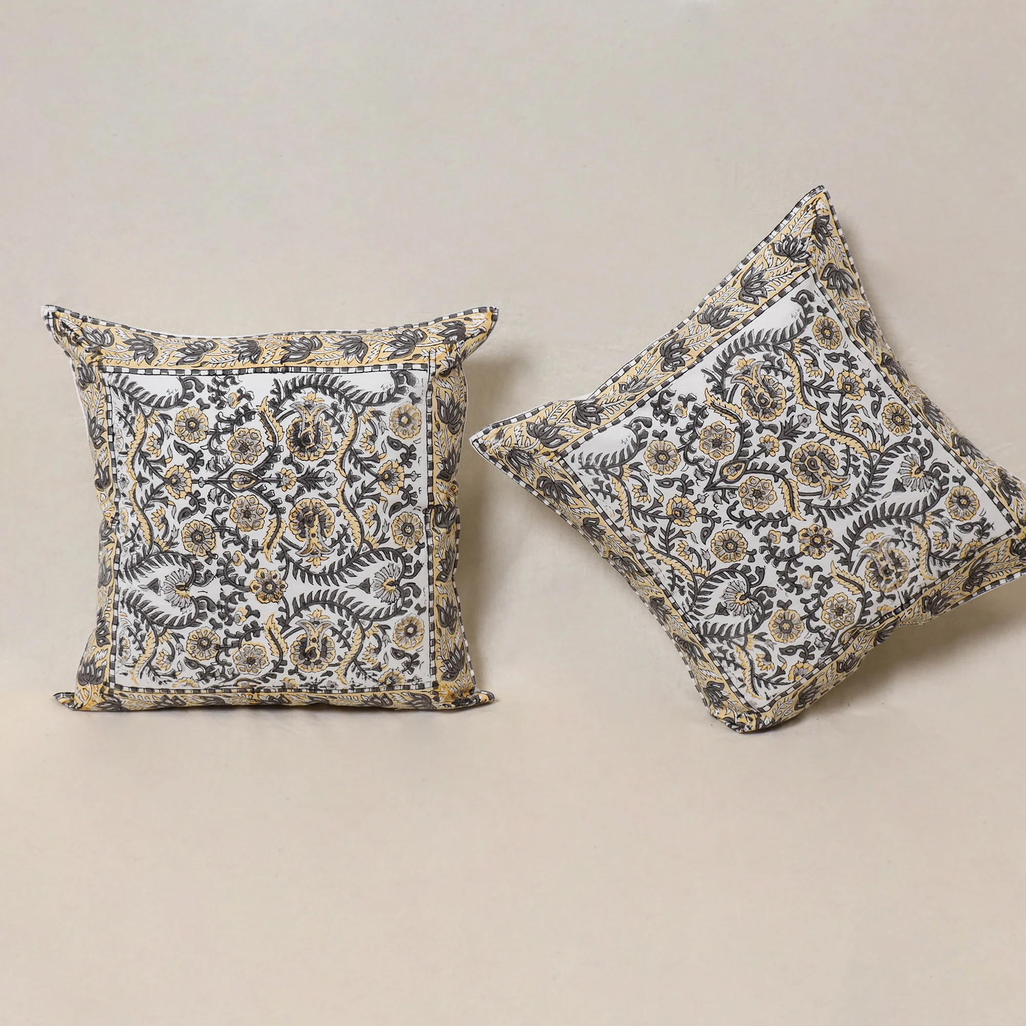 White - Block Print Sanganeri Floral Cushion Cover (Set of 5) 05 - Image 3