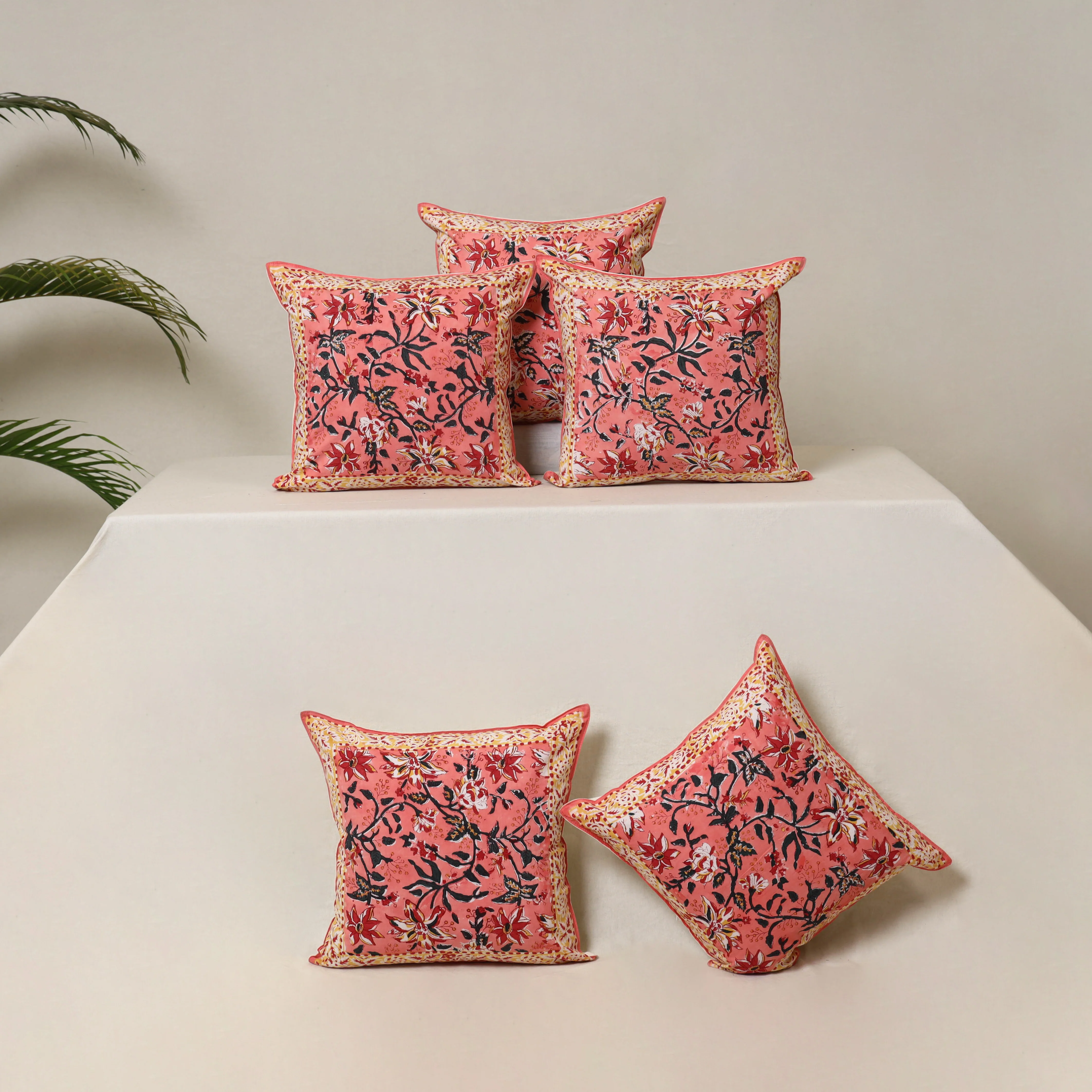 Pink - Block Print Sanganeri Floral Cushion Cover (Set of 5) 06