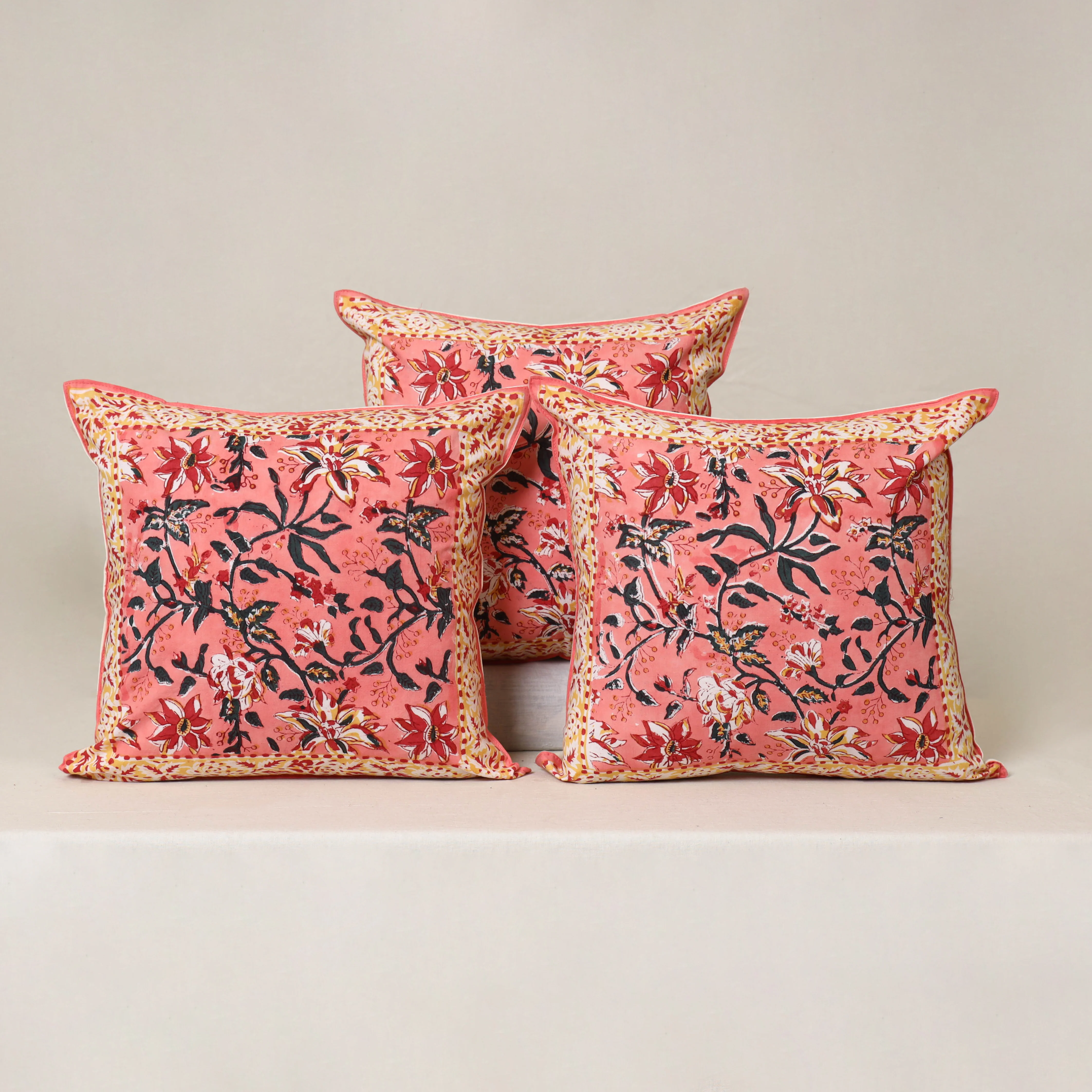 Pink - Block Print Sanganeri Floral Cushion Cover (Set of 5) 06 - Image 2
