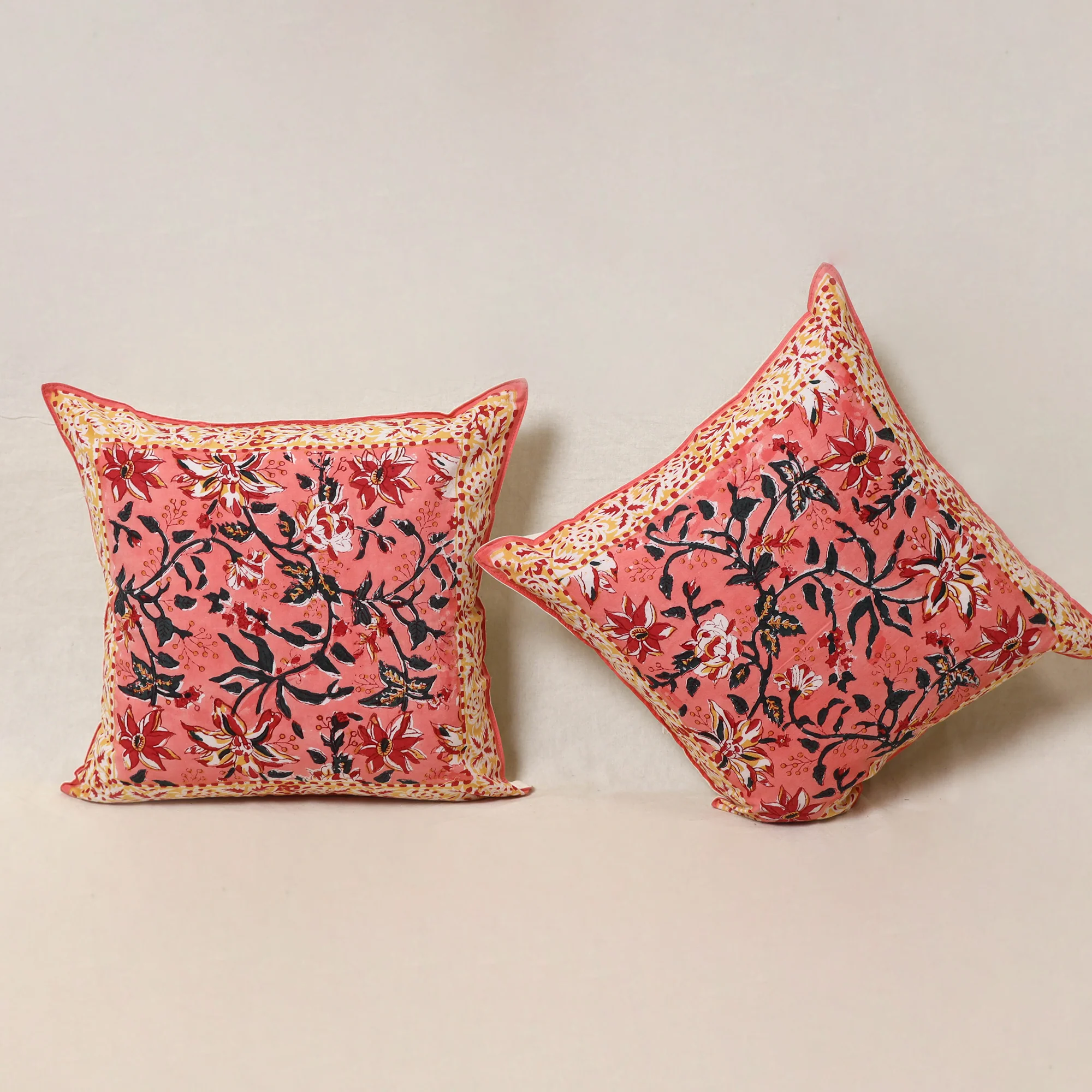 Pink - Block Print Sanganeri Floral Cushion Cover (Set of 5) 06 - Image 3
