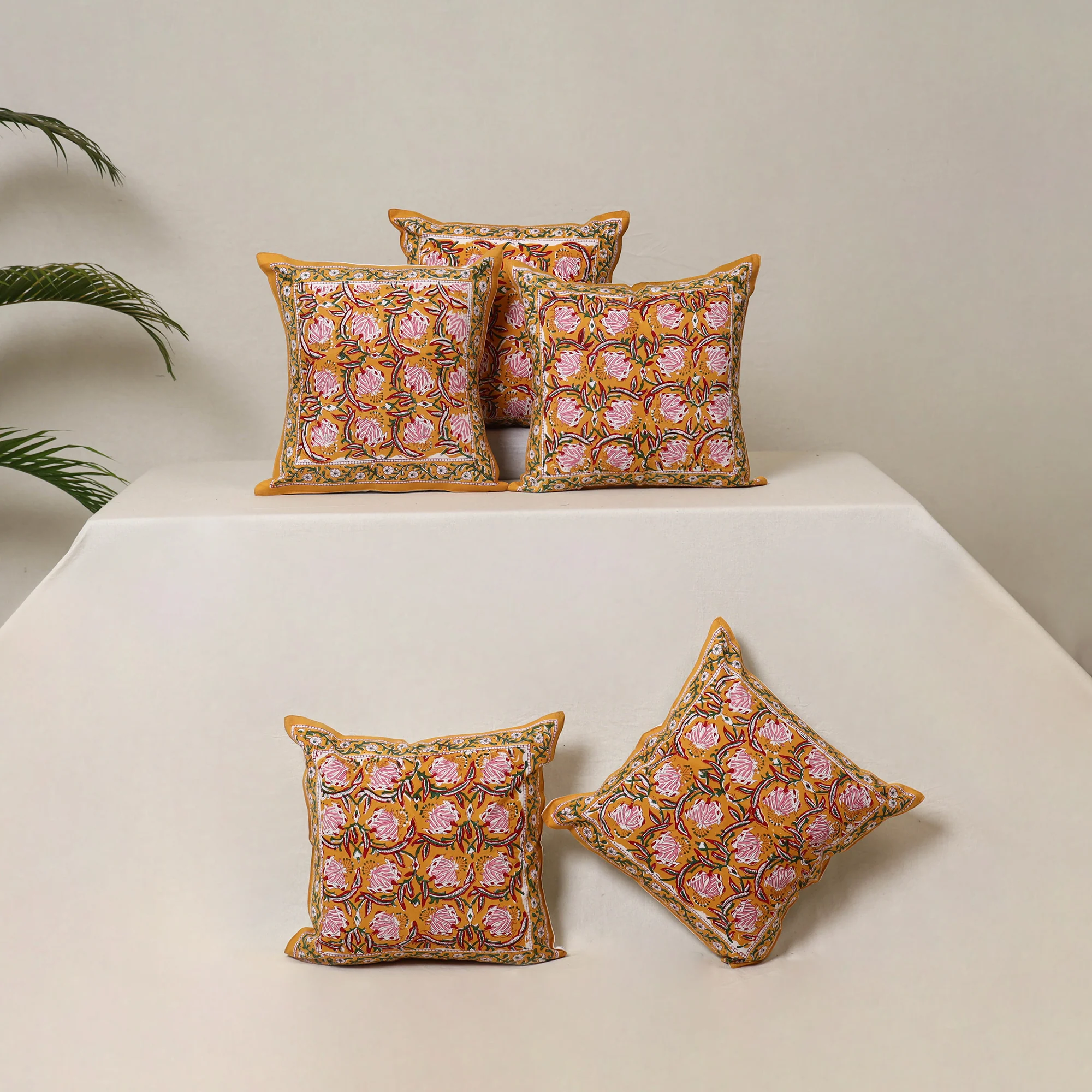 Yellow - Block Print Sanganeri Floral Cushion Cover (Set of 5) 07