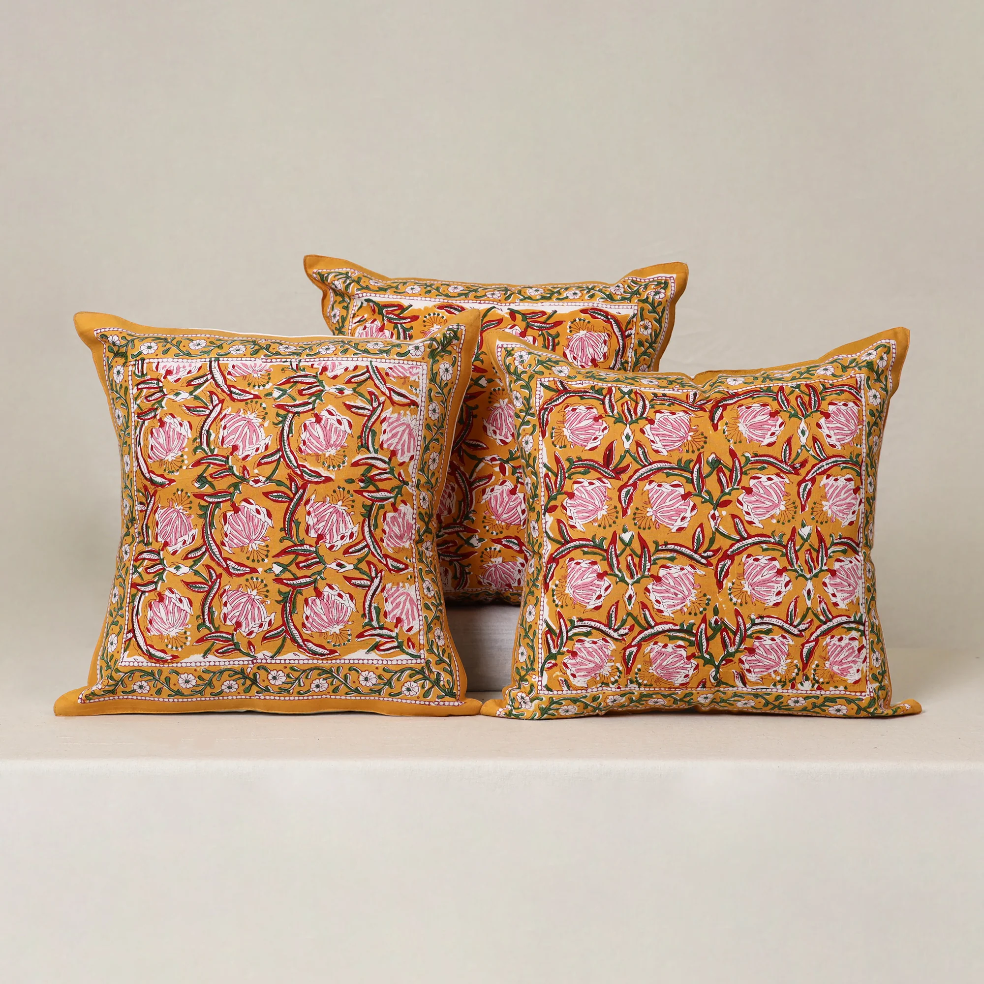 Yellow - Block Print Sanganeri Floral Cushion Cover (Set of 5) 07 - Image 2