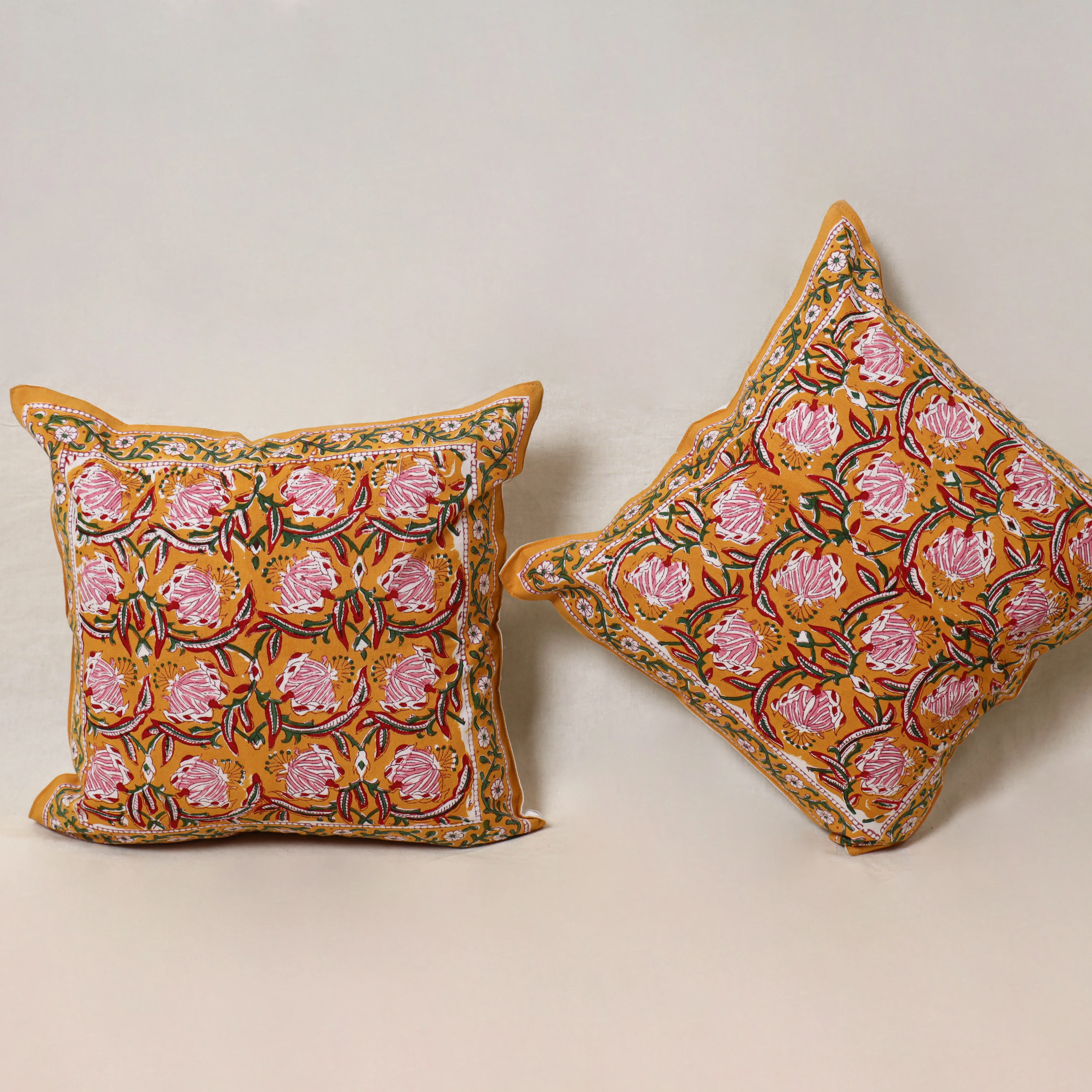 Yellow - Block Print Sanganeri Floral Cushion Cover (Set of 5) 07 - Image 3