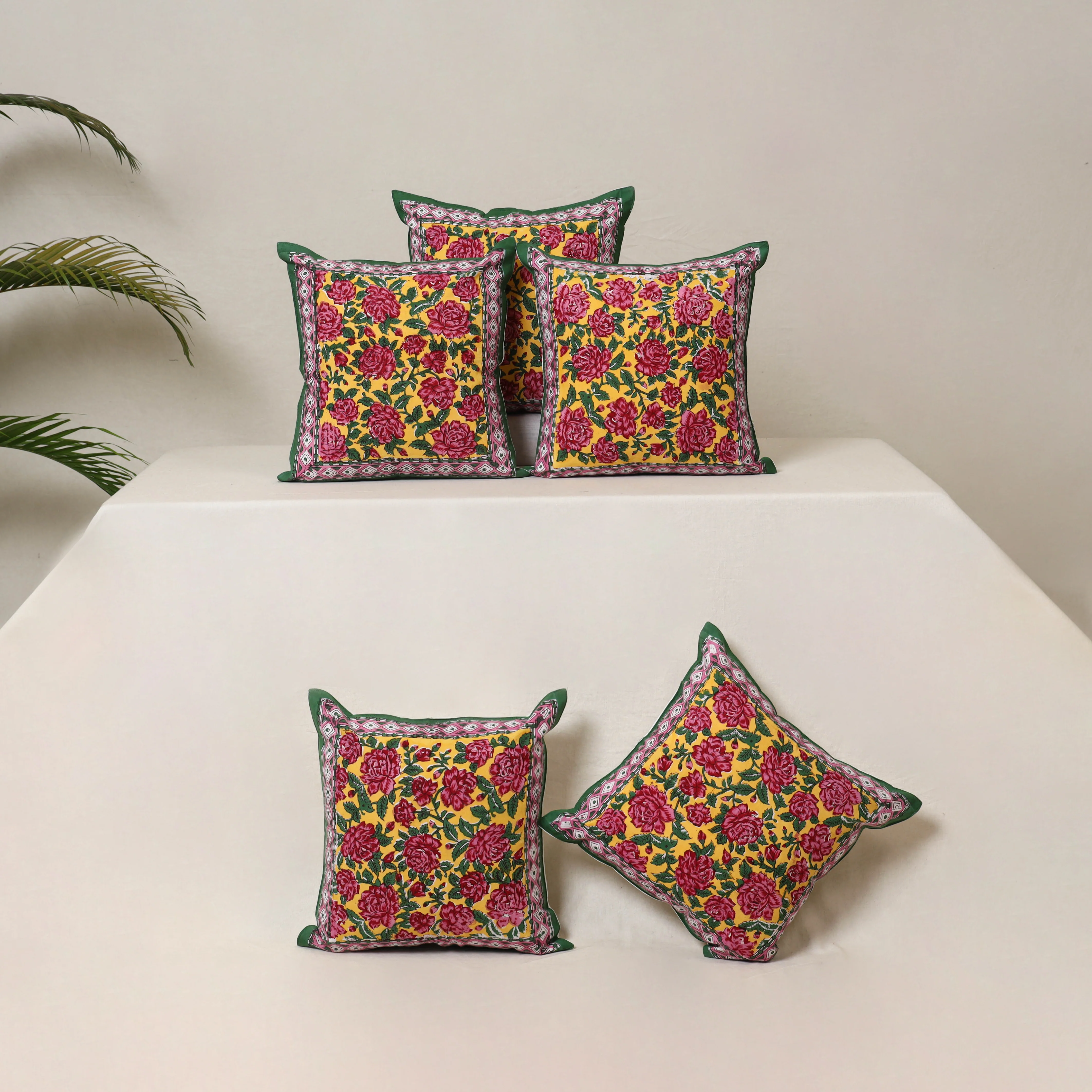 Yellow - Block Print Sanganeri Floral Cushion Cover (Set of 5) 08