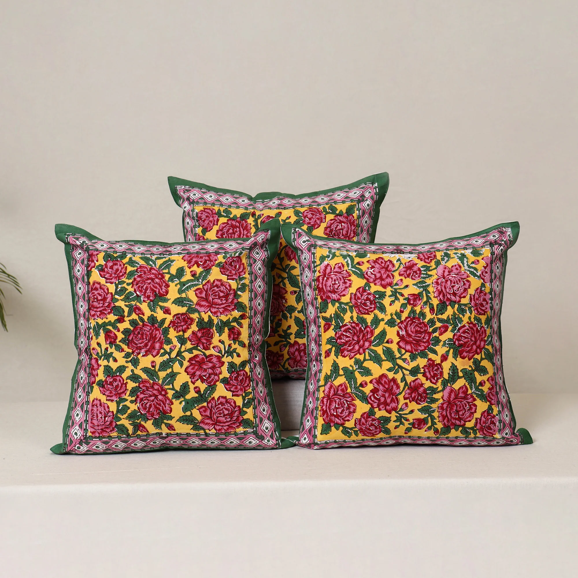 Yellow - Block Print Sanganeri Floral Cushion Cover (Set of 5) 08 - Image 2