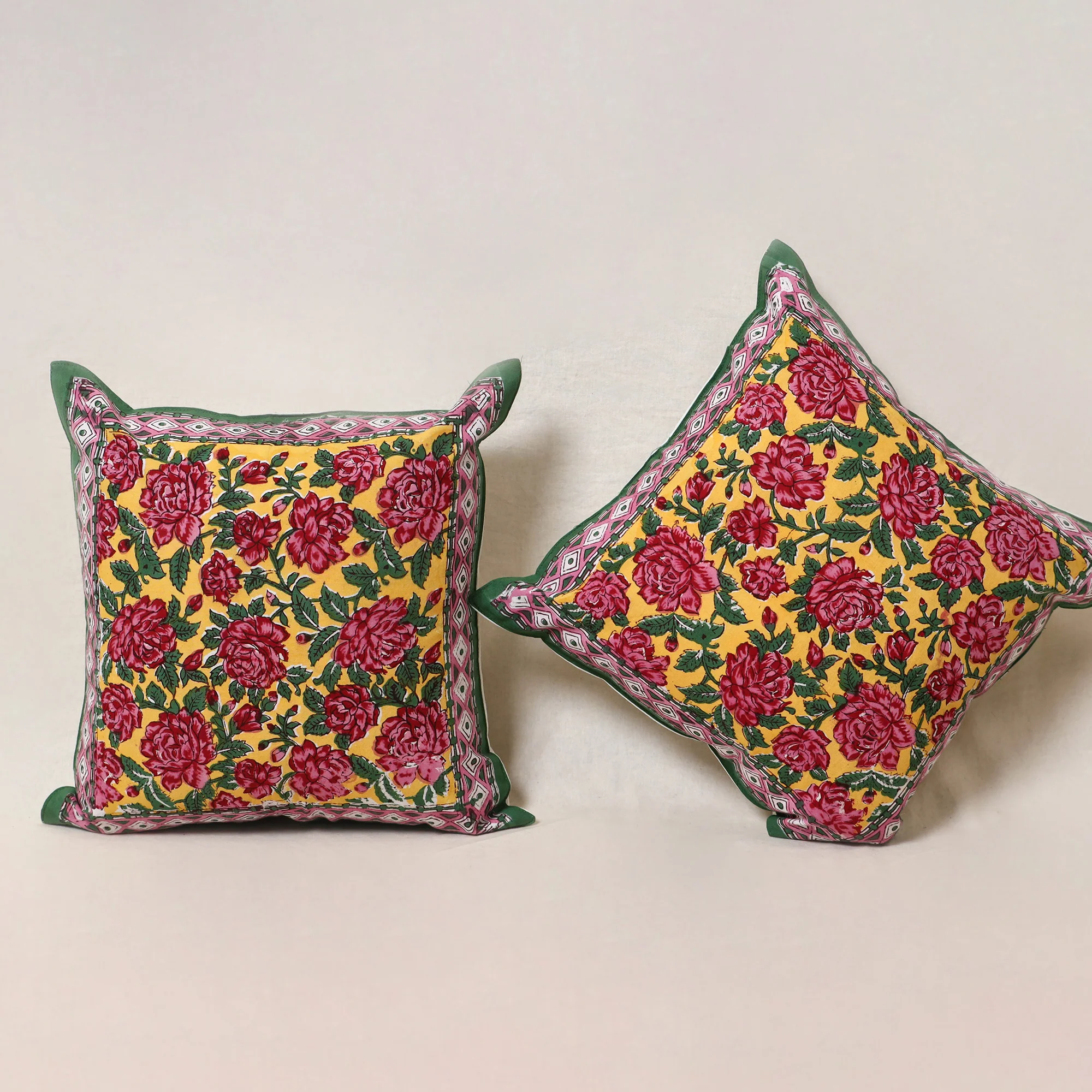 Yellow - Block Print Sanganeri Floral Cushion Cover (Set of 5) 08 - Image 3