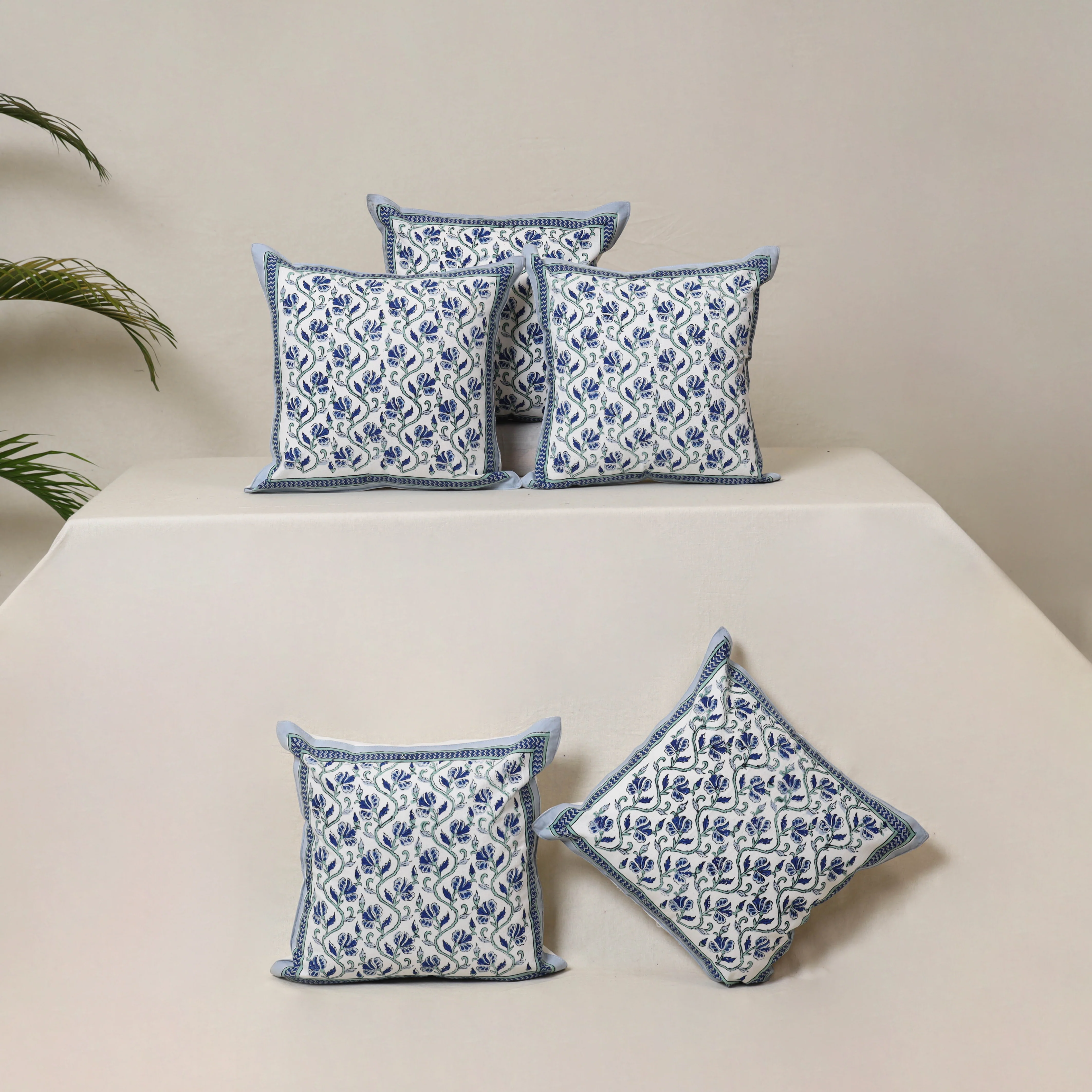 Blue - Block Print Sanganeri Floral Cushion Cover (Set of 5) 09
