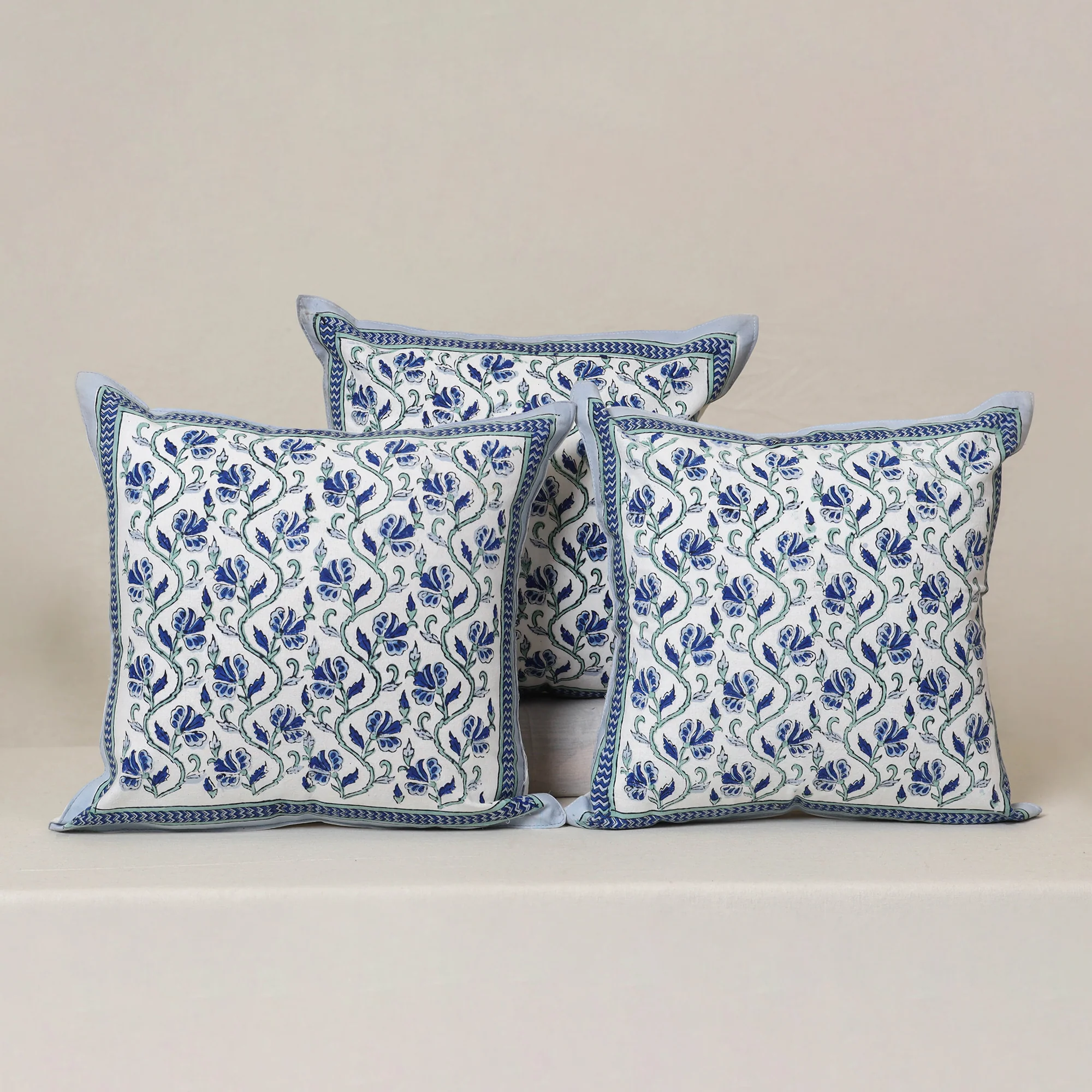 Blue - Block Print Sanganeri Floral Cushion Cover (Set of 5) 09 - Image 2