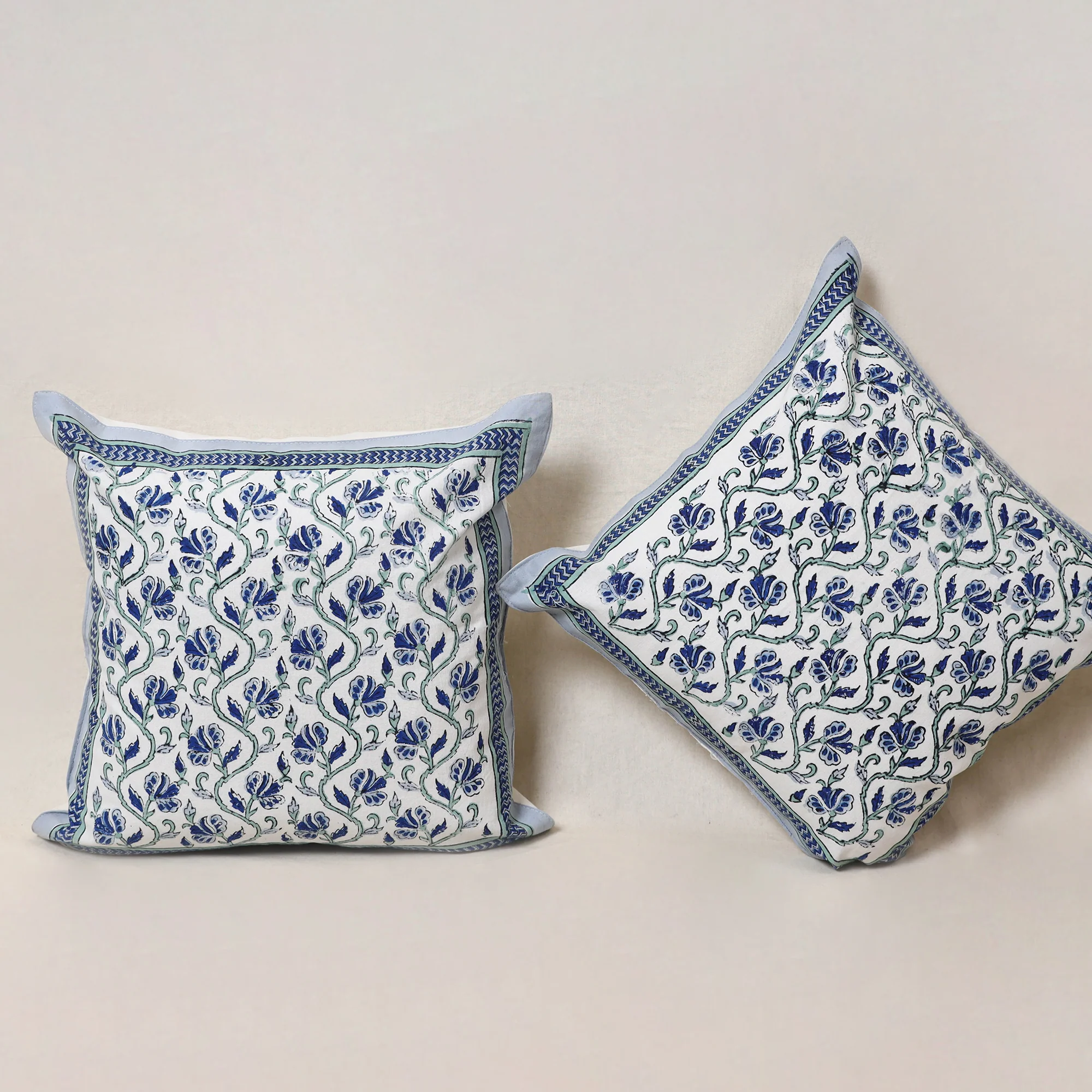 Blue - Block Print Sanganeri Floral Cushion Cover (Set of 5) 09 - Image 3