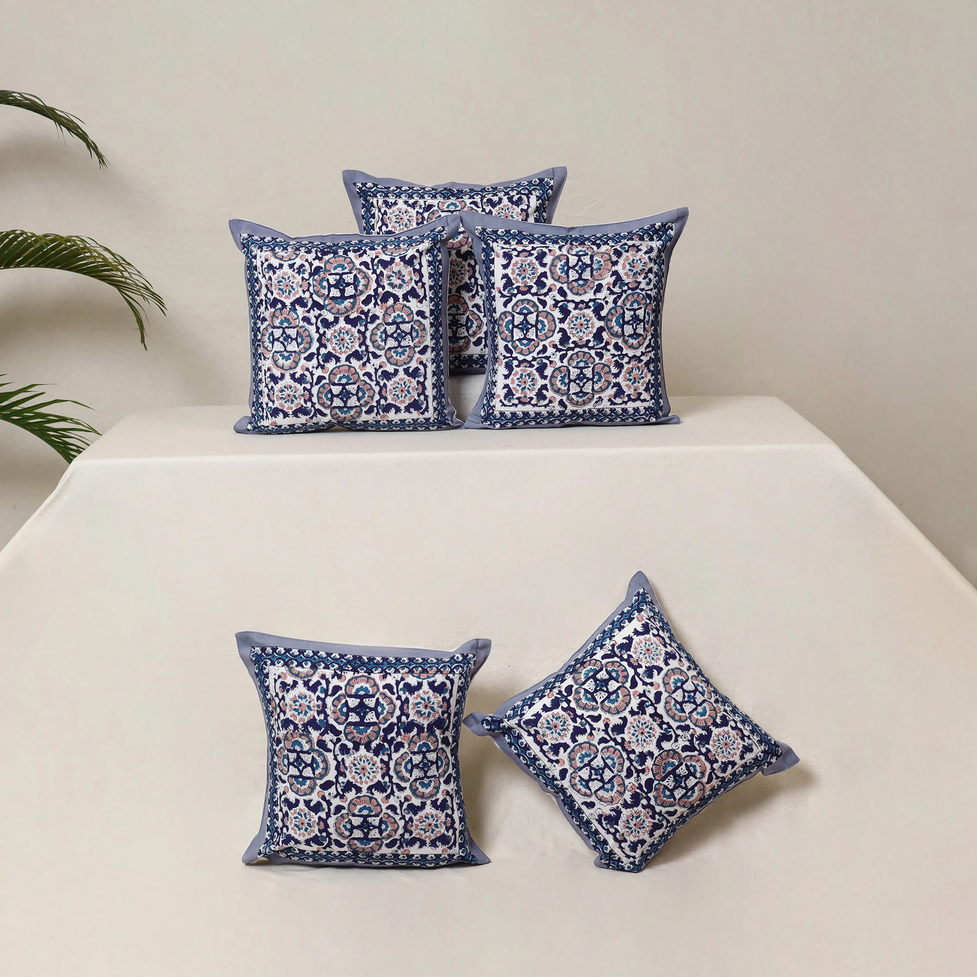 Blue - Block Print Sanganeri Floral Cushion Cover (Set of 5) 10