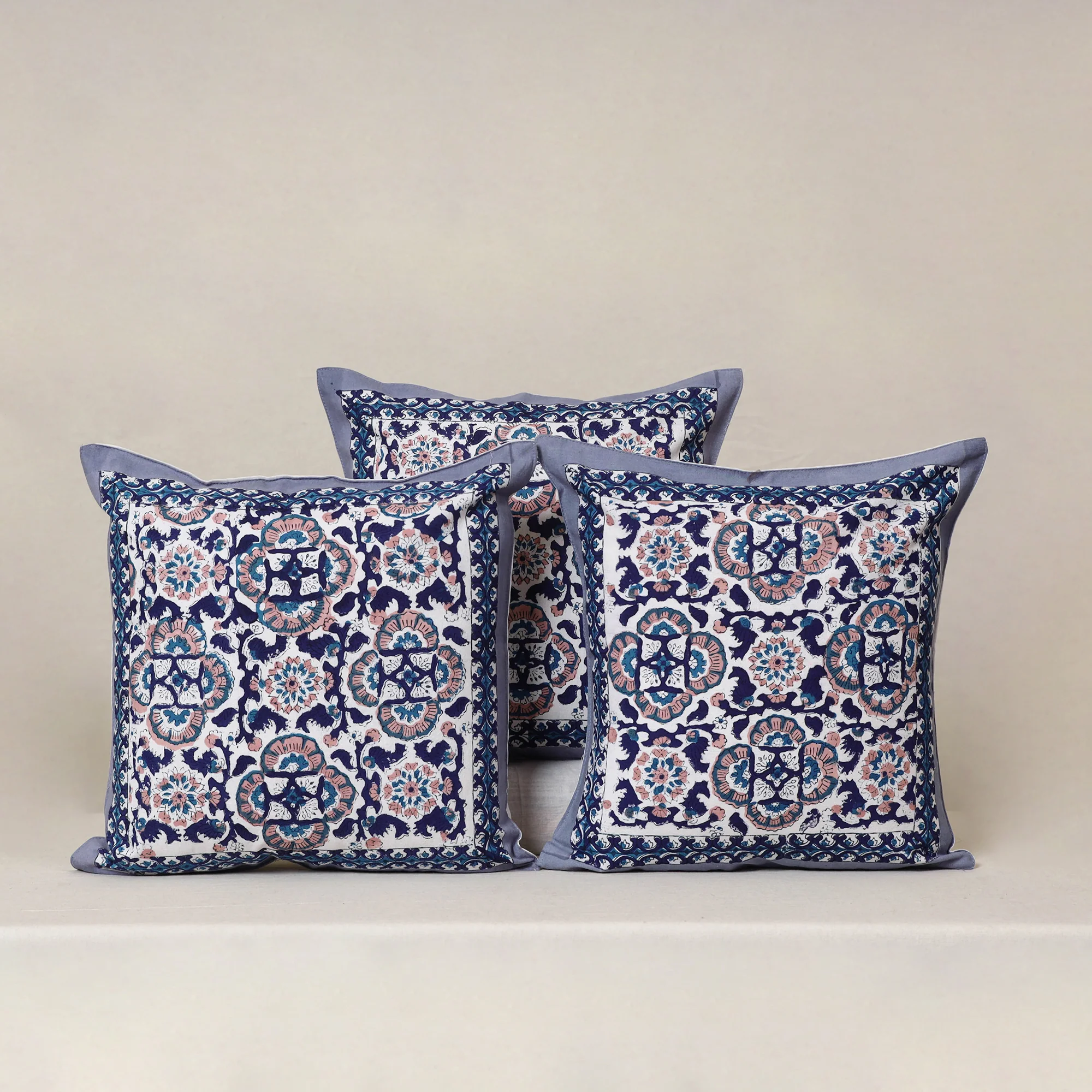 Blue - Block Print Sanganeri Floral Cushion Cover (Set of 5) 10 - Image 2