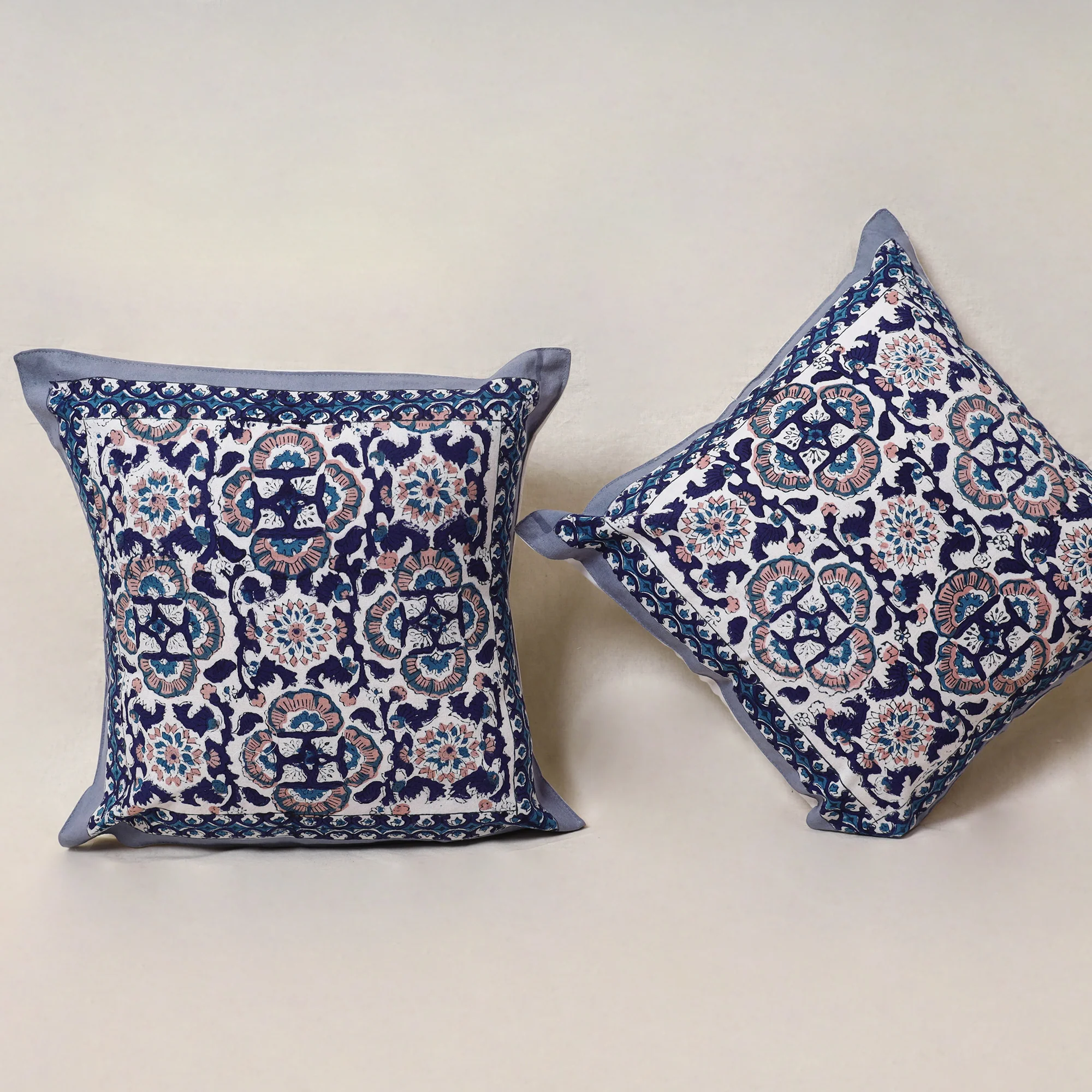 Blue - Block Print Sanganeri Floral Cushion Cover (Set of 5) 10 - Image 3