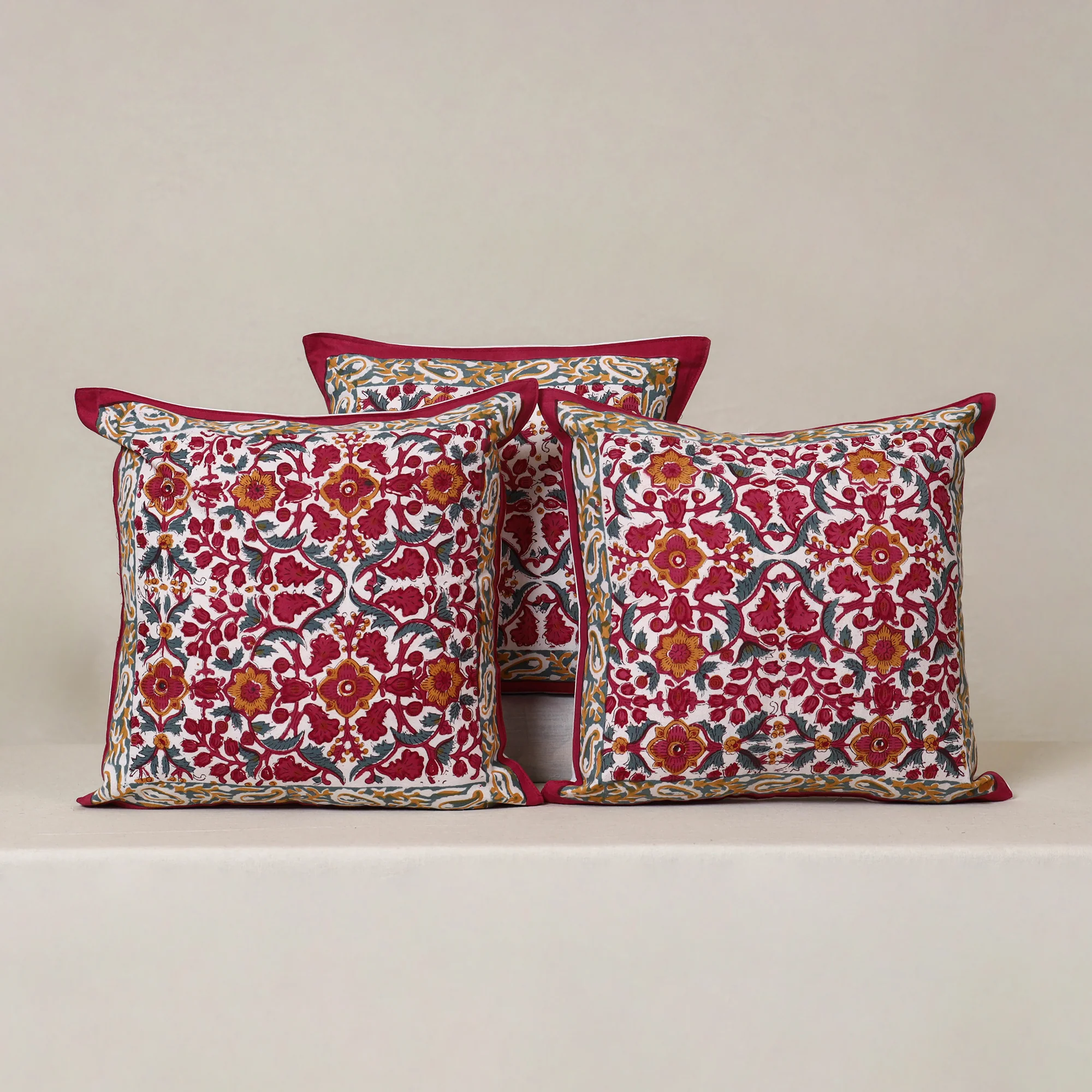 Red - Block Print Sanganeri Floral Cushion Cover (Set of 5) 13 - Image 2