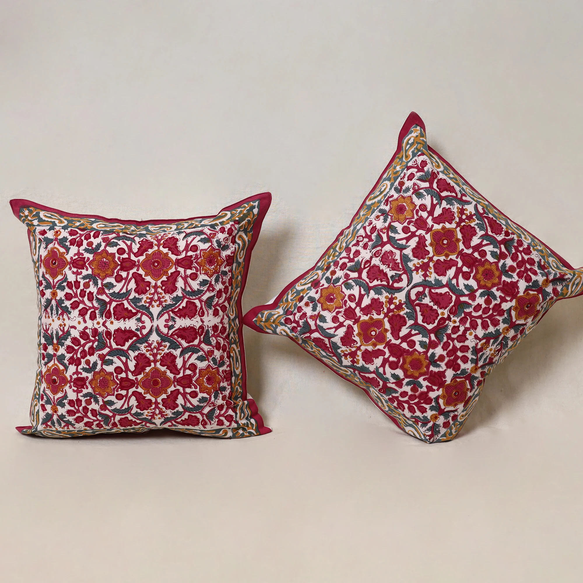 Red - Block Print Sanganeri Floral Cushion Cover (Set of 5) 13 - Image 3