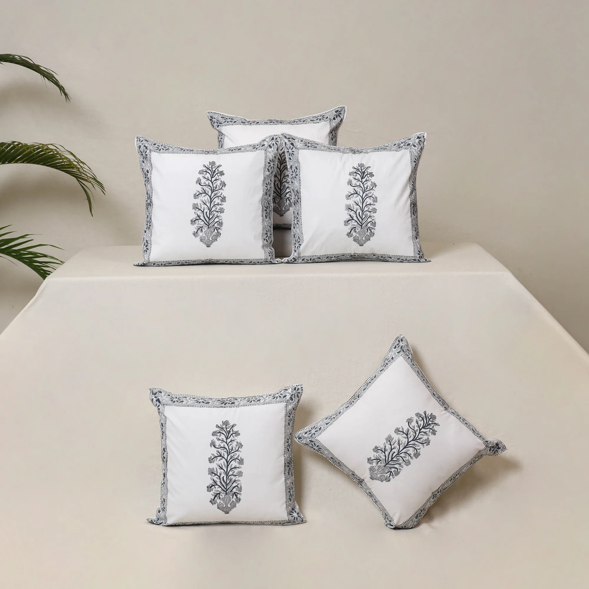 White - Block Print Sanganeri Floral Cushion Cover (Set of 5) 14