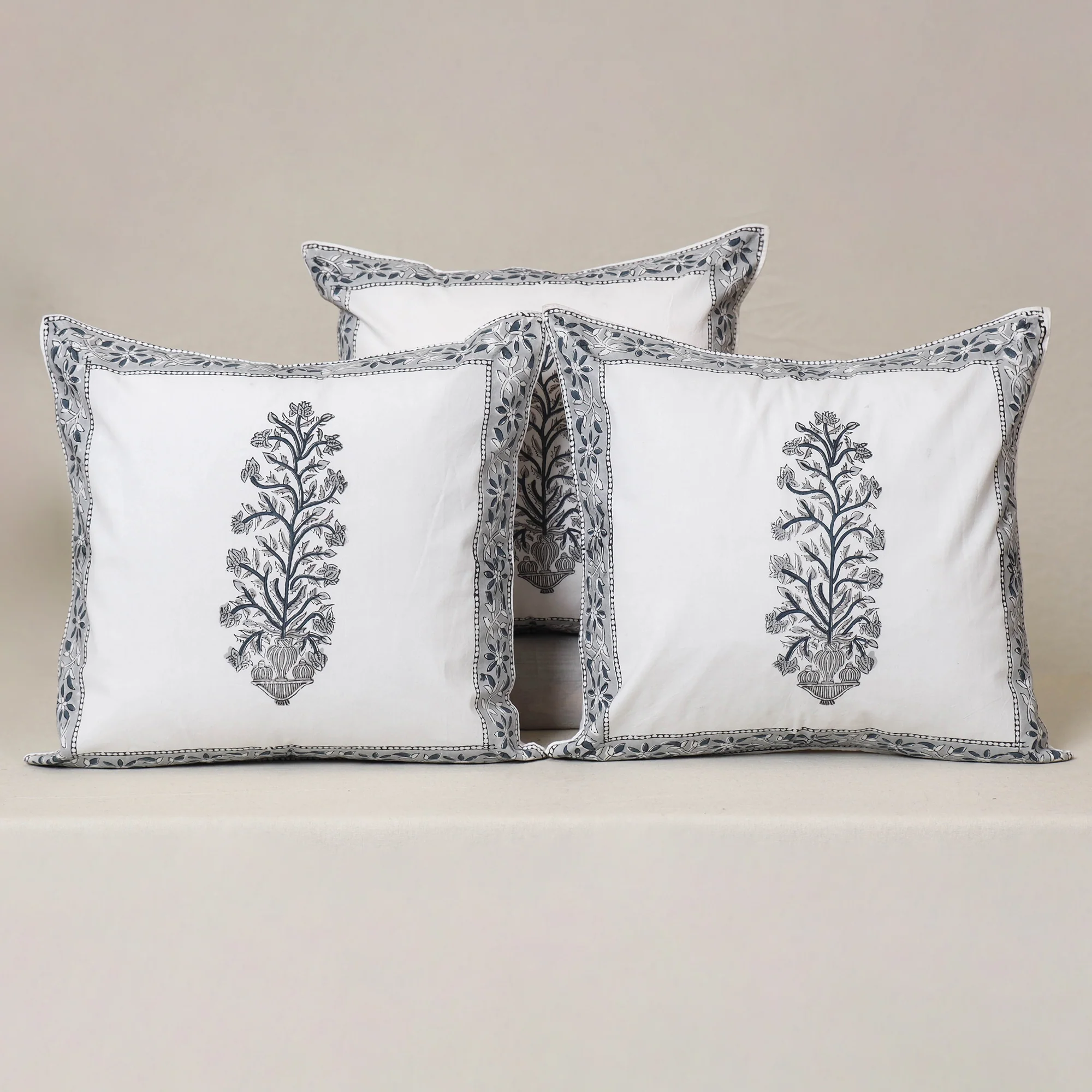 White - Block Print Sanganeri Floral Cushion Cover (Set of 5) 14 - Image 2