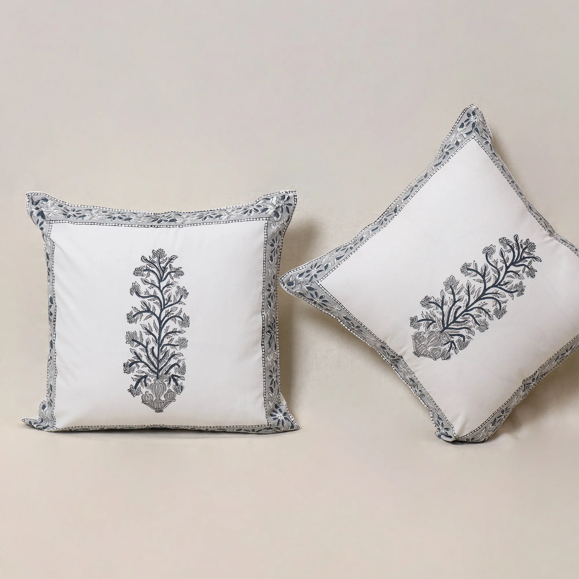 White - Block Print Sanganeri Floral Cushion Cover (Set of 5) 14 - Image 3