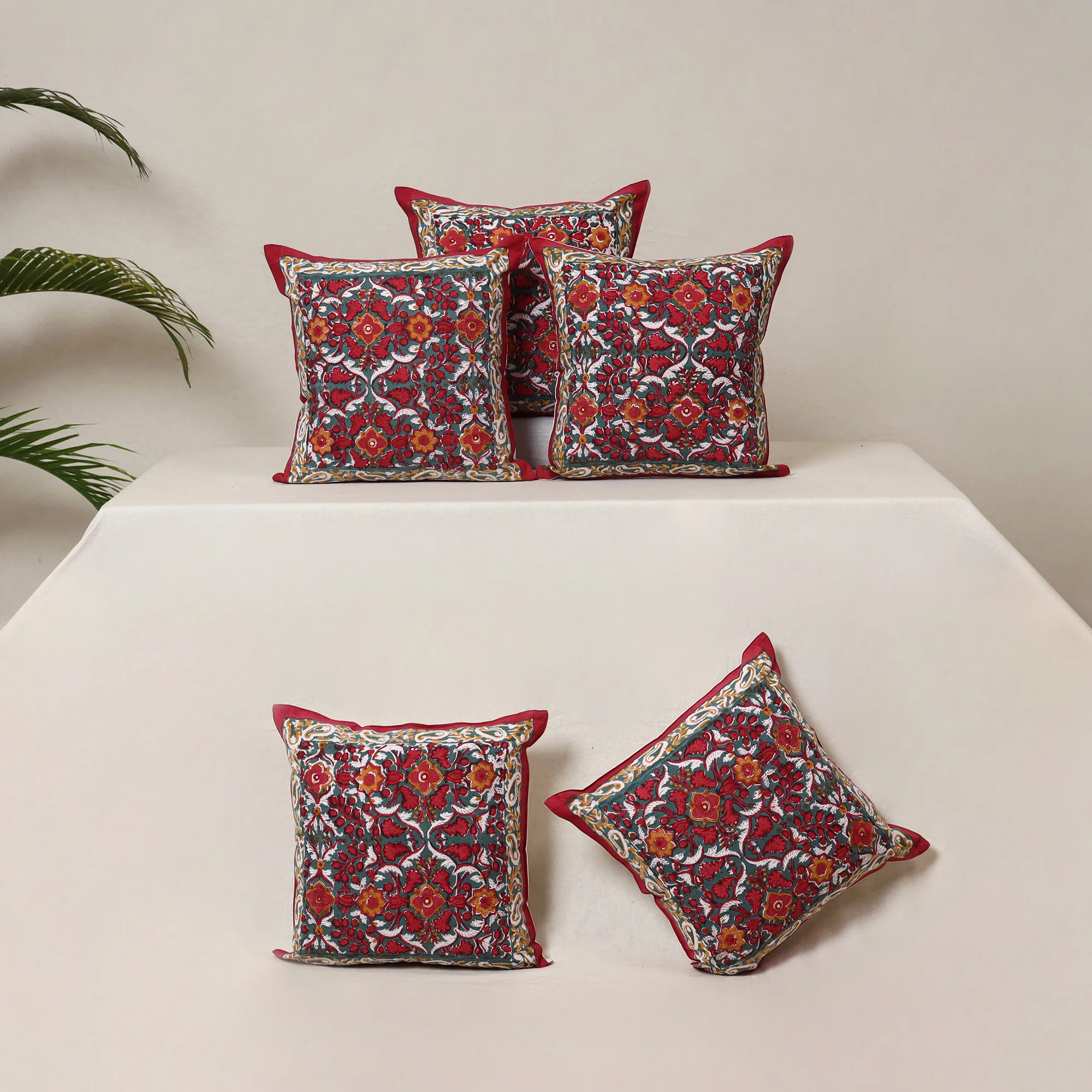 Red - Block Print Sanganeri Floral Cushion Cover (Set of 5) 15