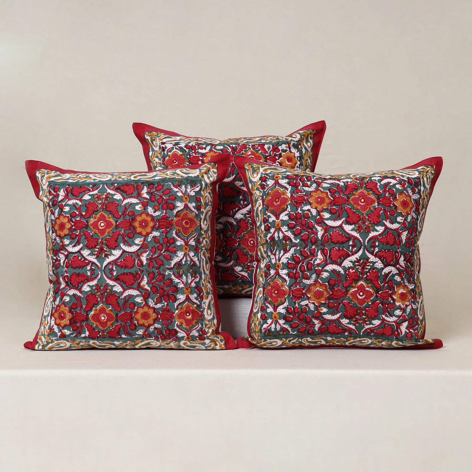 Red - Block Print Sanganeri Floral Cushion Cover (Set of 5) 15 - Image 2