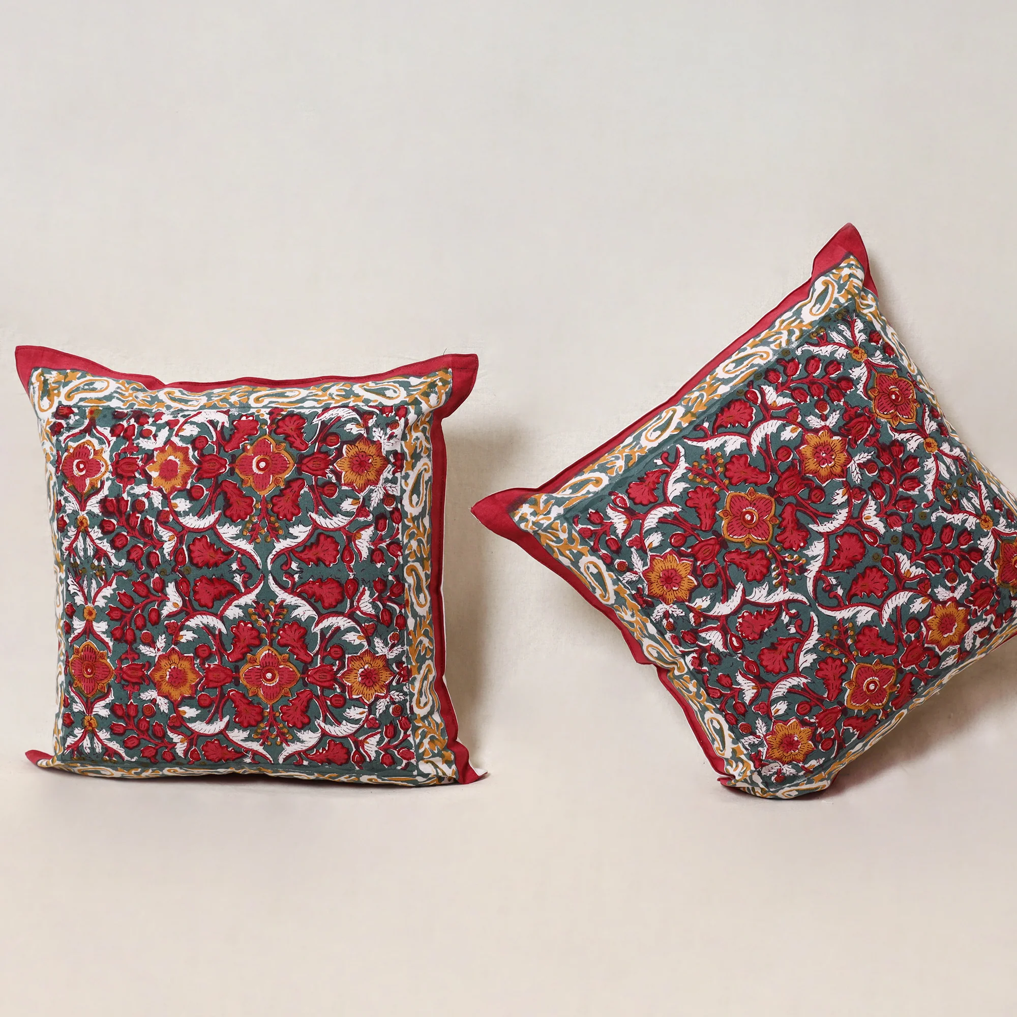 Red - Block Print Sanganeri Floral Cushion Cover (Set of 5) 15 - Image 3