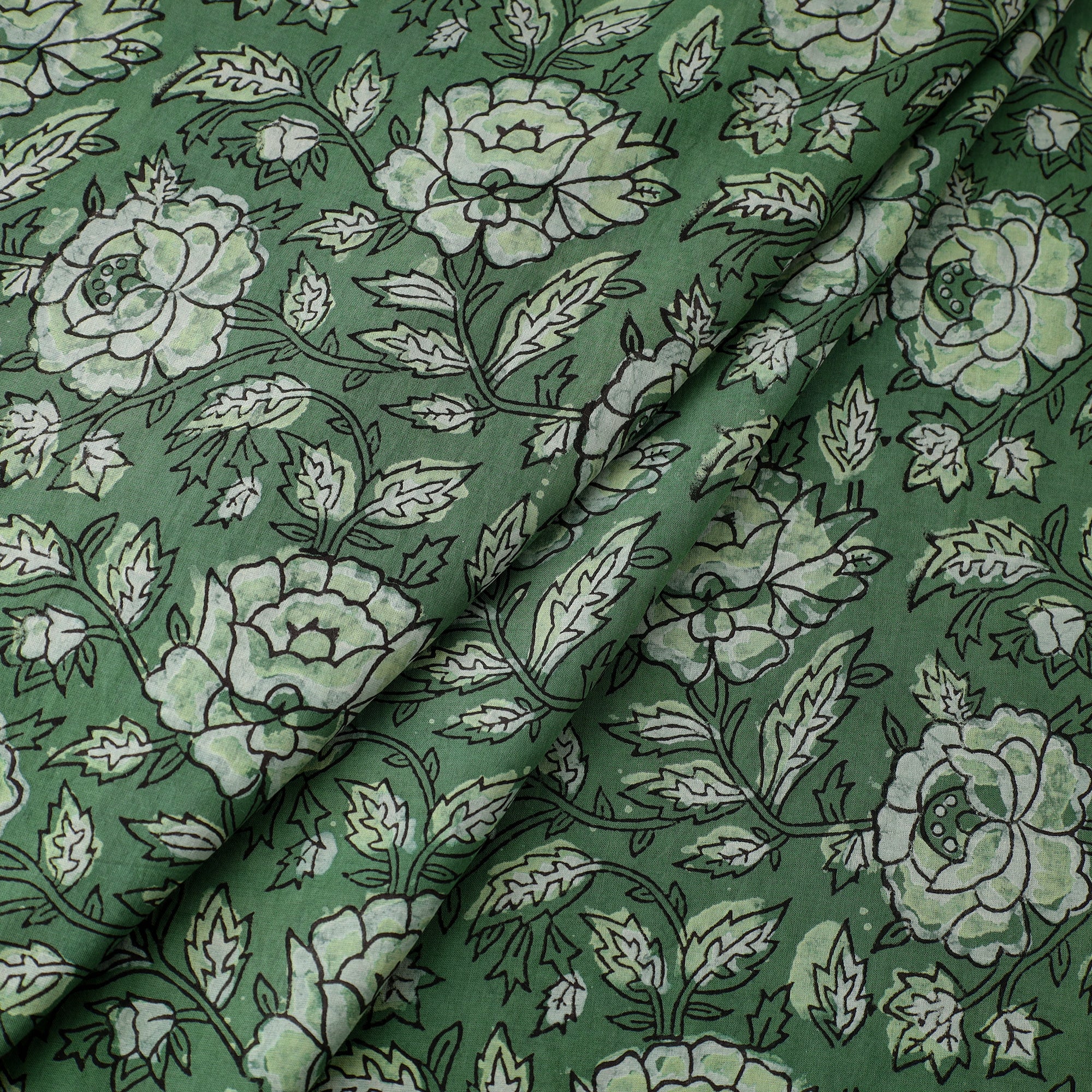 Green - Block Printed Cotton Jahota Fabric 11 - Image 2