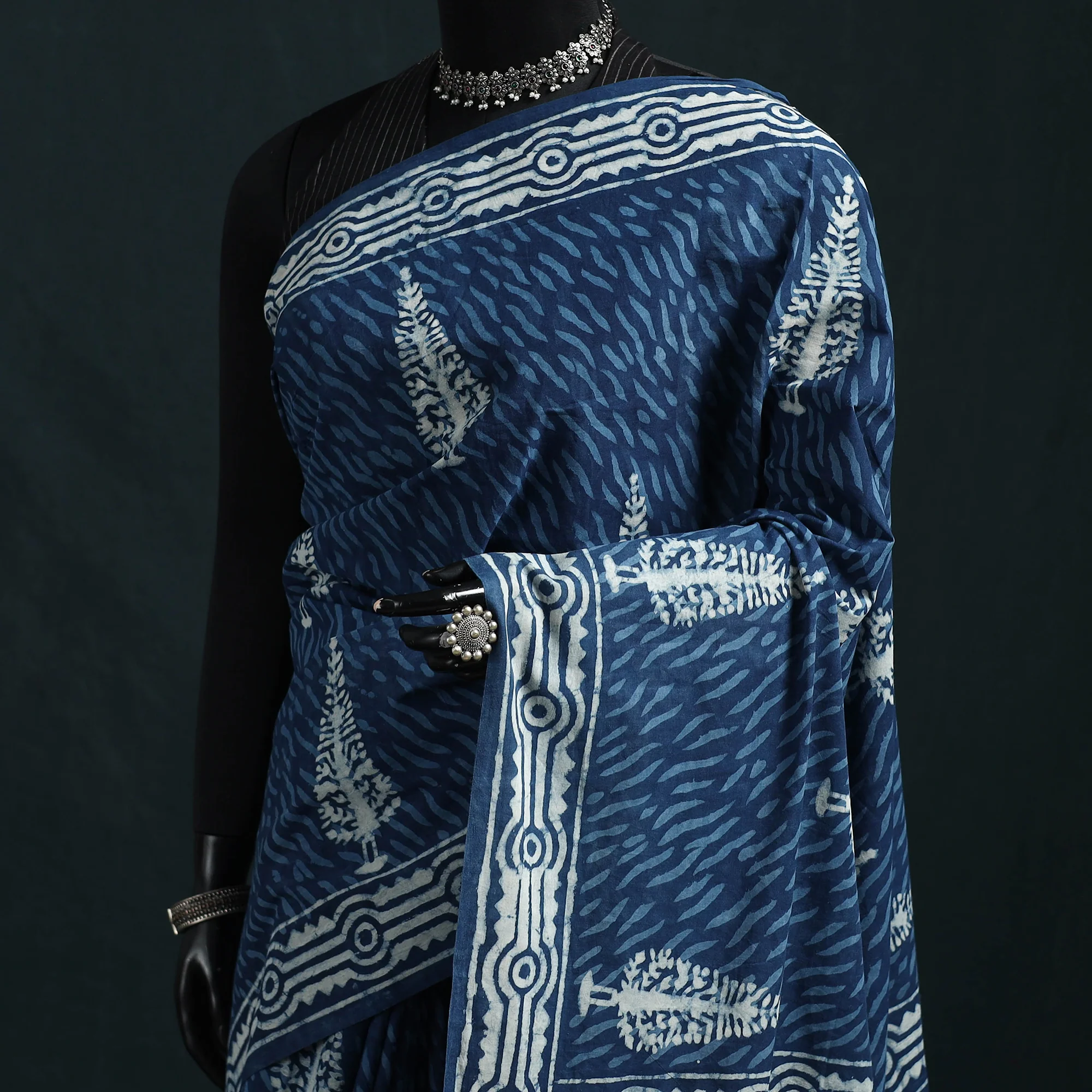 Blue - Pure Mul Cotton Natural Dyed Hand Block Indigo Bagru Print Saree 49 - Image 2