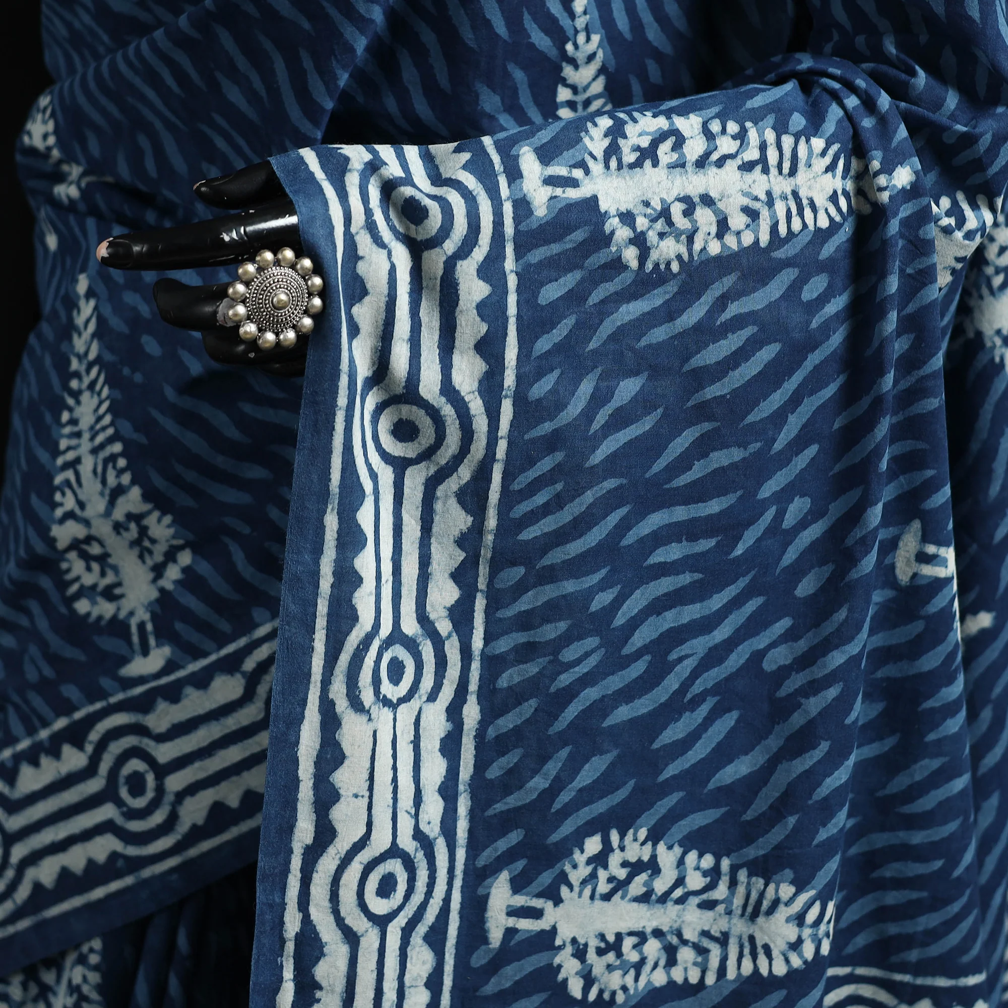 Blue - Pure Mul Cotton Natural Dyed Hand Block Indigo Bagru Print Saree 49 - Image 3