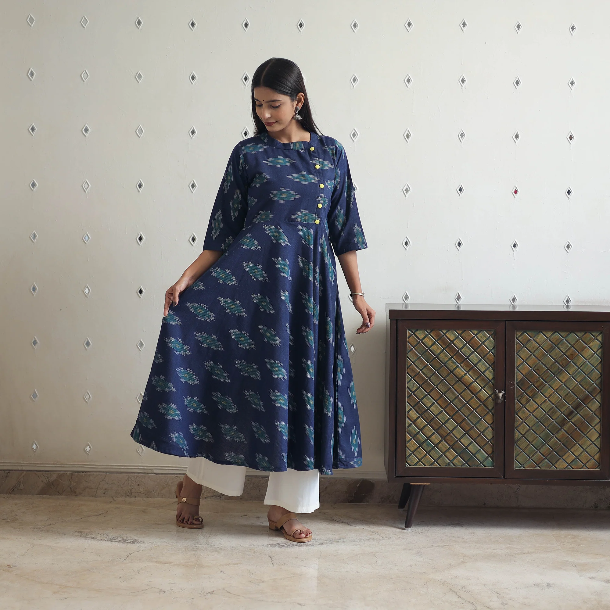 Blue - Cotton Flared Pochampally Ikat Kurta 18 - Image 3