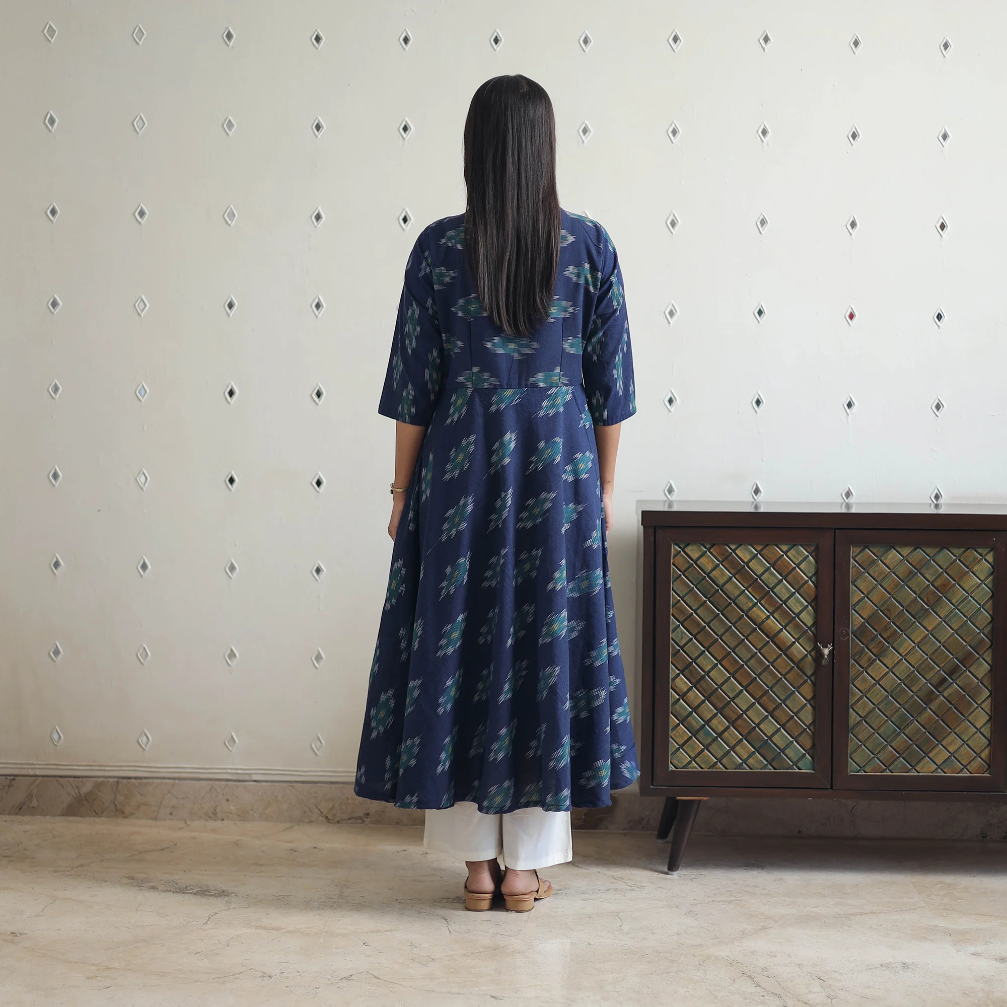 Blue - Cotton Flared Pochampally Ikat Kurta 18 - Image 4