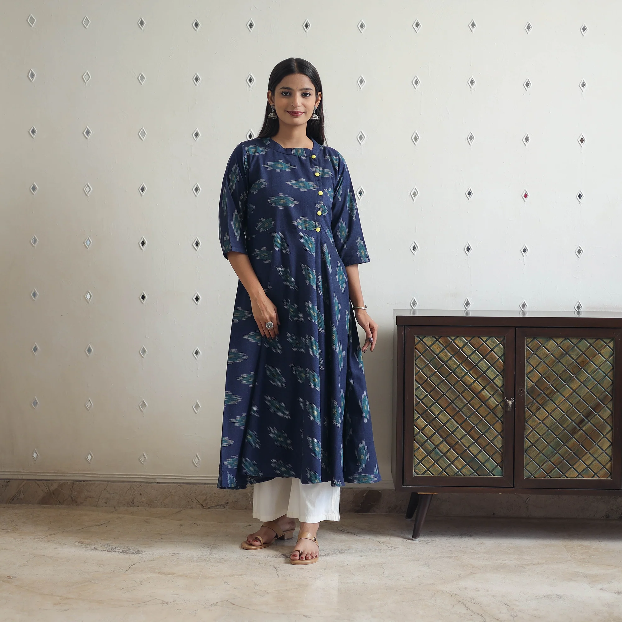 Blue - Cotton Flared Pochampally Ikat Kurta 18 - Image 5
