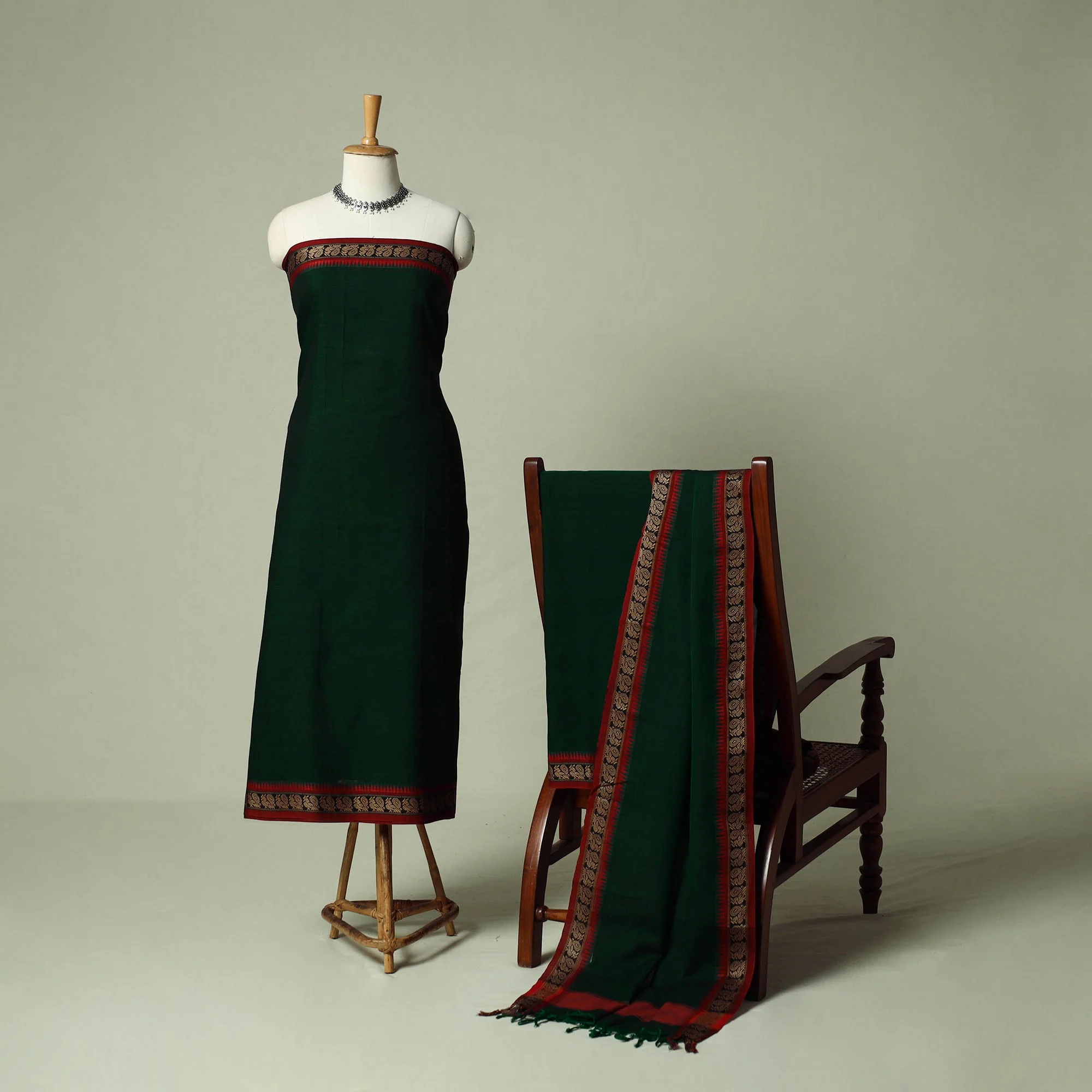 Green - Dharwad Cotton 3pc Unstitched Dress Material Suit Set 24 - Image 2