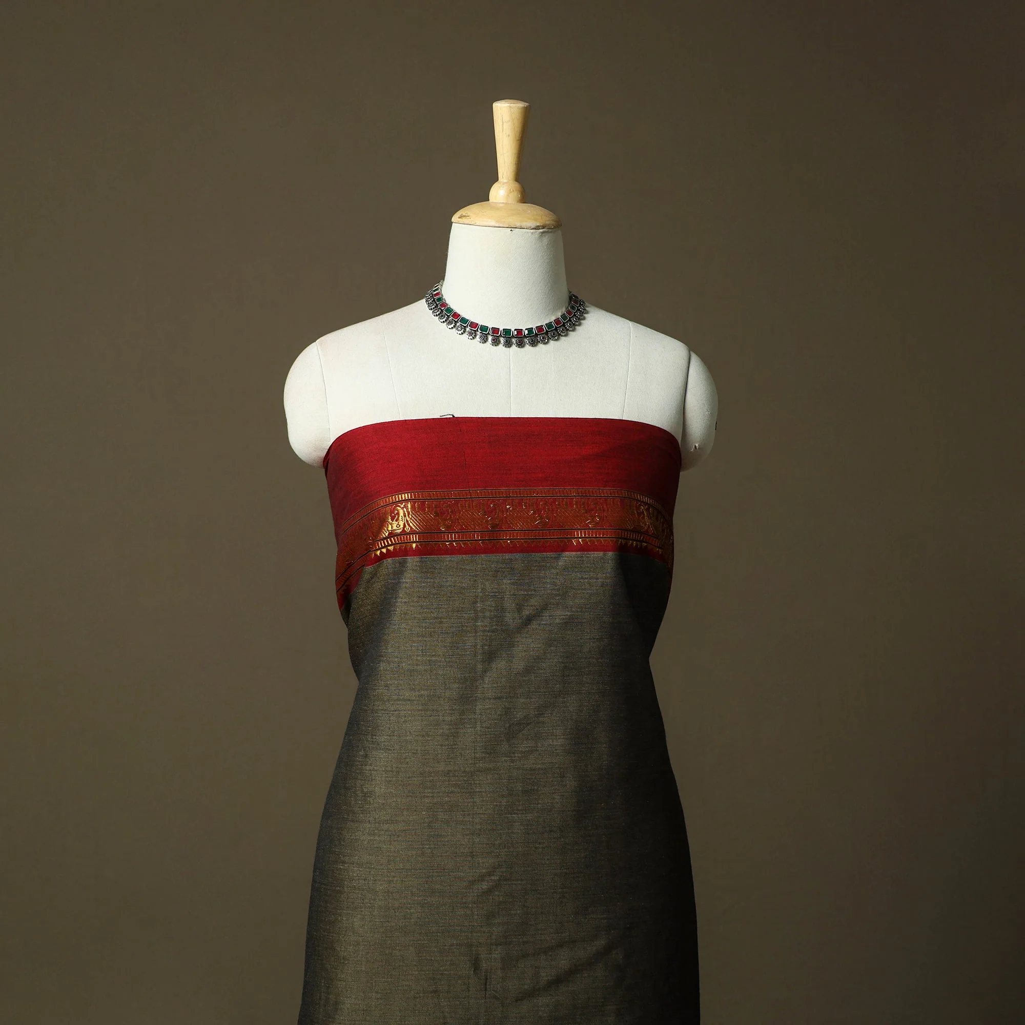 Brown - Dharwad Cotton 3pc Unstitched Dress Material with Border 96 - Image 2