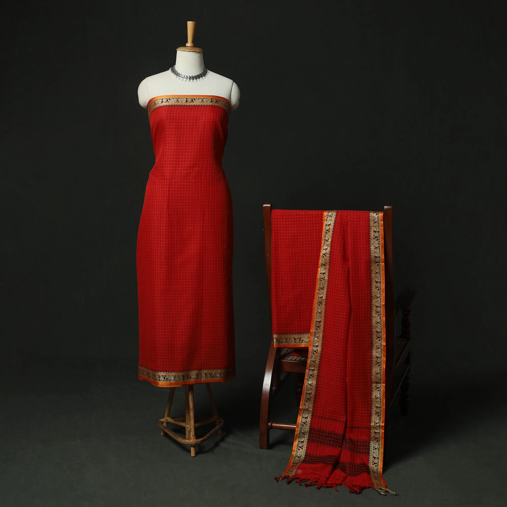 Red - Dharwad Woven Checks Cotton 3pc Unstitched Dress Material Suit Set 39 - Image 2