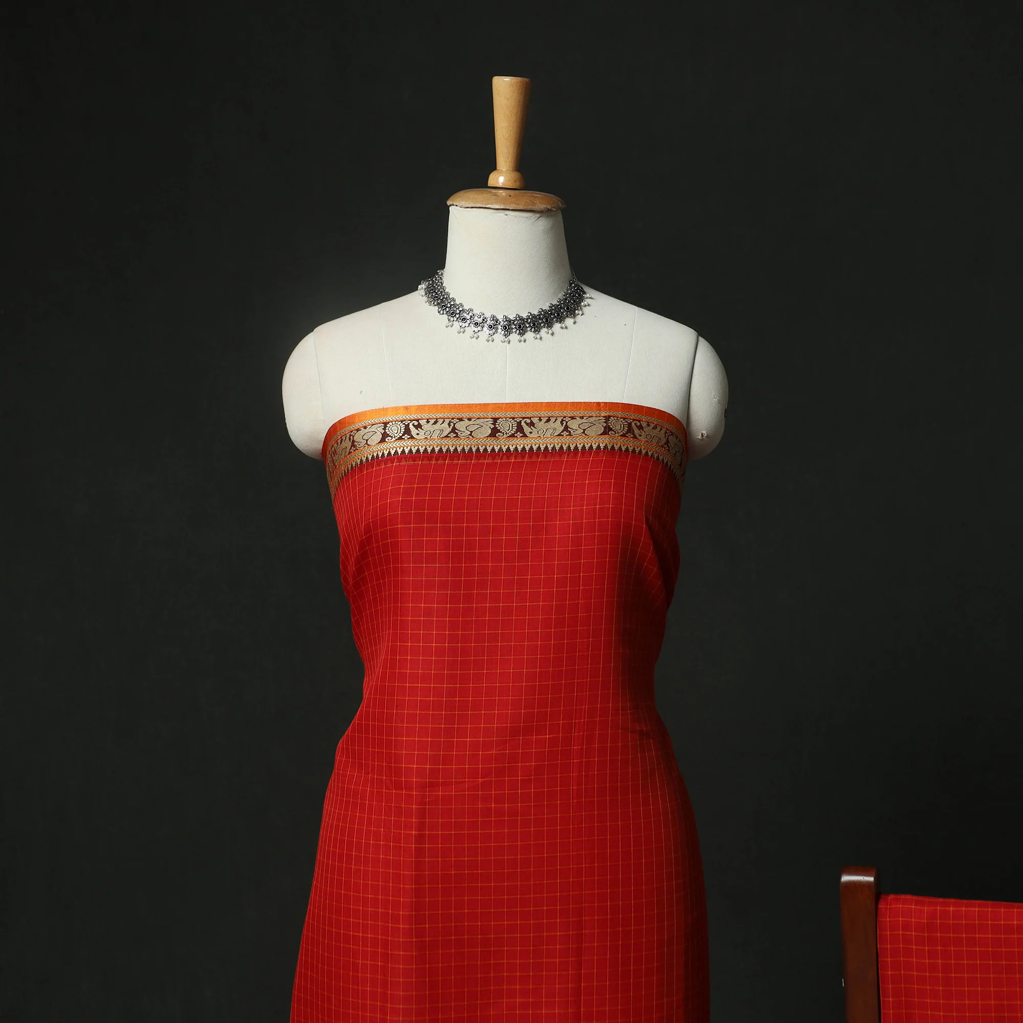 Red - Dharwad Woven Checks Cotton 3pc Unstitched Dress Material Suit Set 39 - Image 3