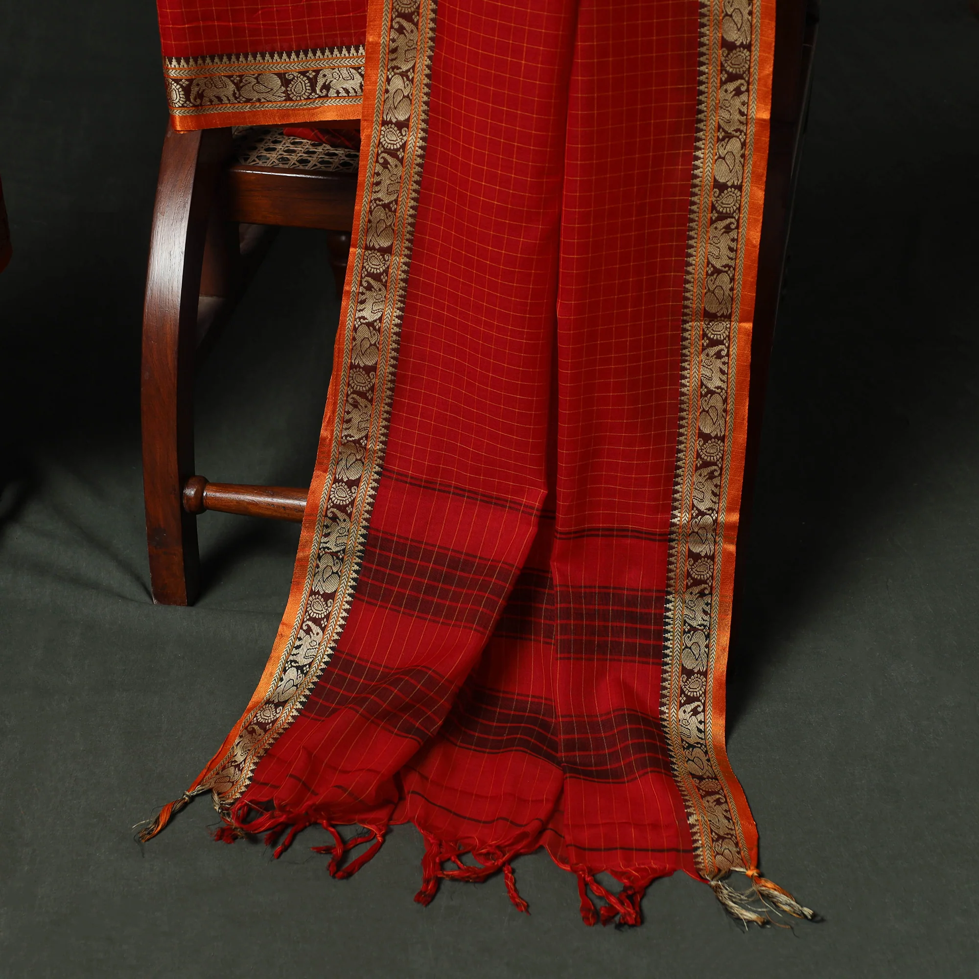 Red - Dharwad Woven Checks Cotton 3pc Unstitched Dress Material Suit Set 39 - Image 4
