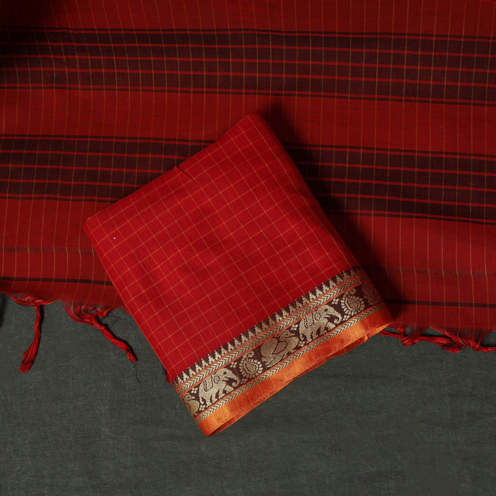 Red - Dharwad Woven Checks Cotton 3pc Unstitched Dress Material Suit Set 39 - Image 5