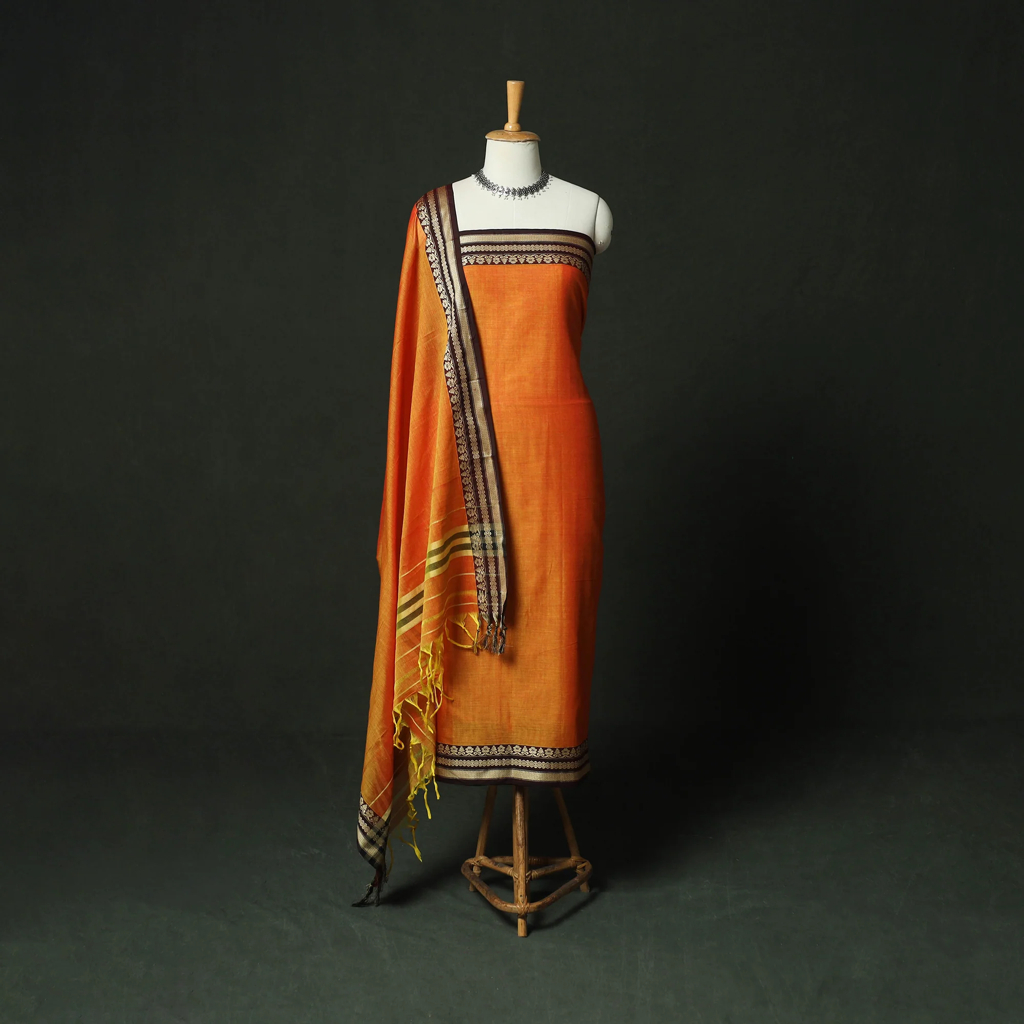 Orange - Dharwad Woven Mercerised Cotton 3pc Unstitched Dress Material Suit Set 01
