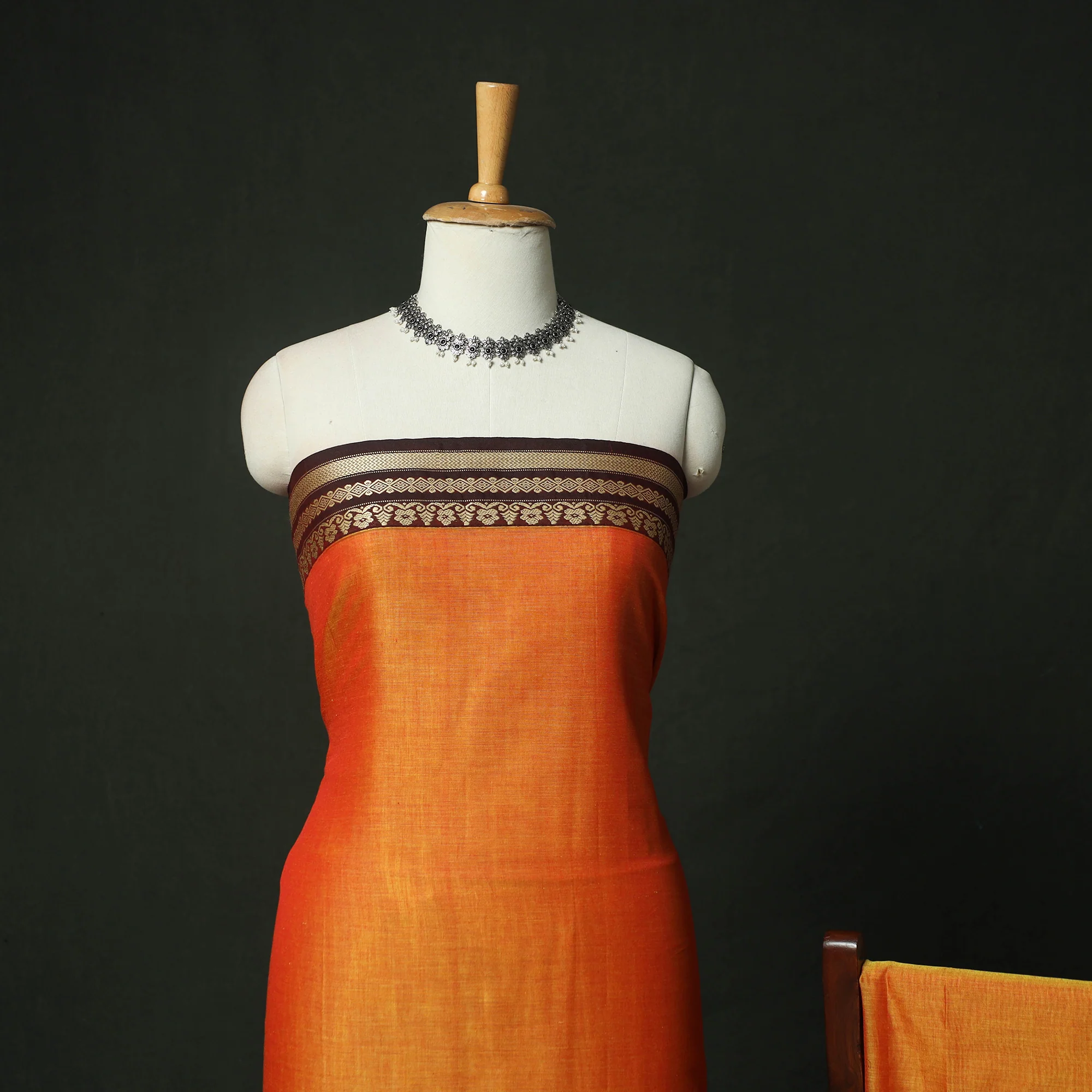 Orange - Dharwad Woven Mercerised Cotton 3pc Unstitched Dress Material Suit Set 01 - Image 3