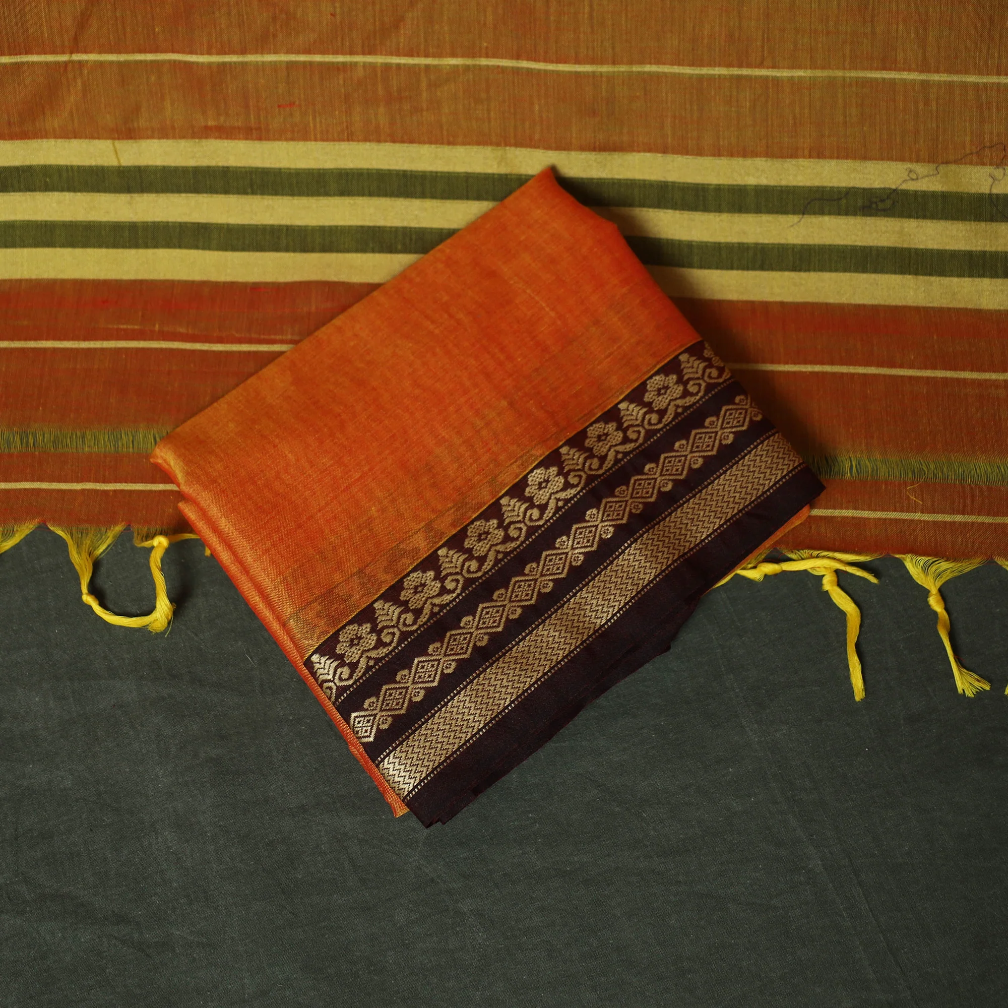 Orange - Dharwad Woven Mercerised Cotton 3pc Unstitched Dress Material Suit Set 01 - Image 5