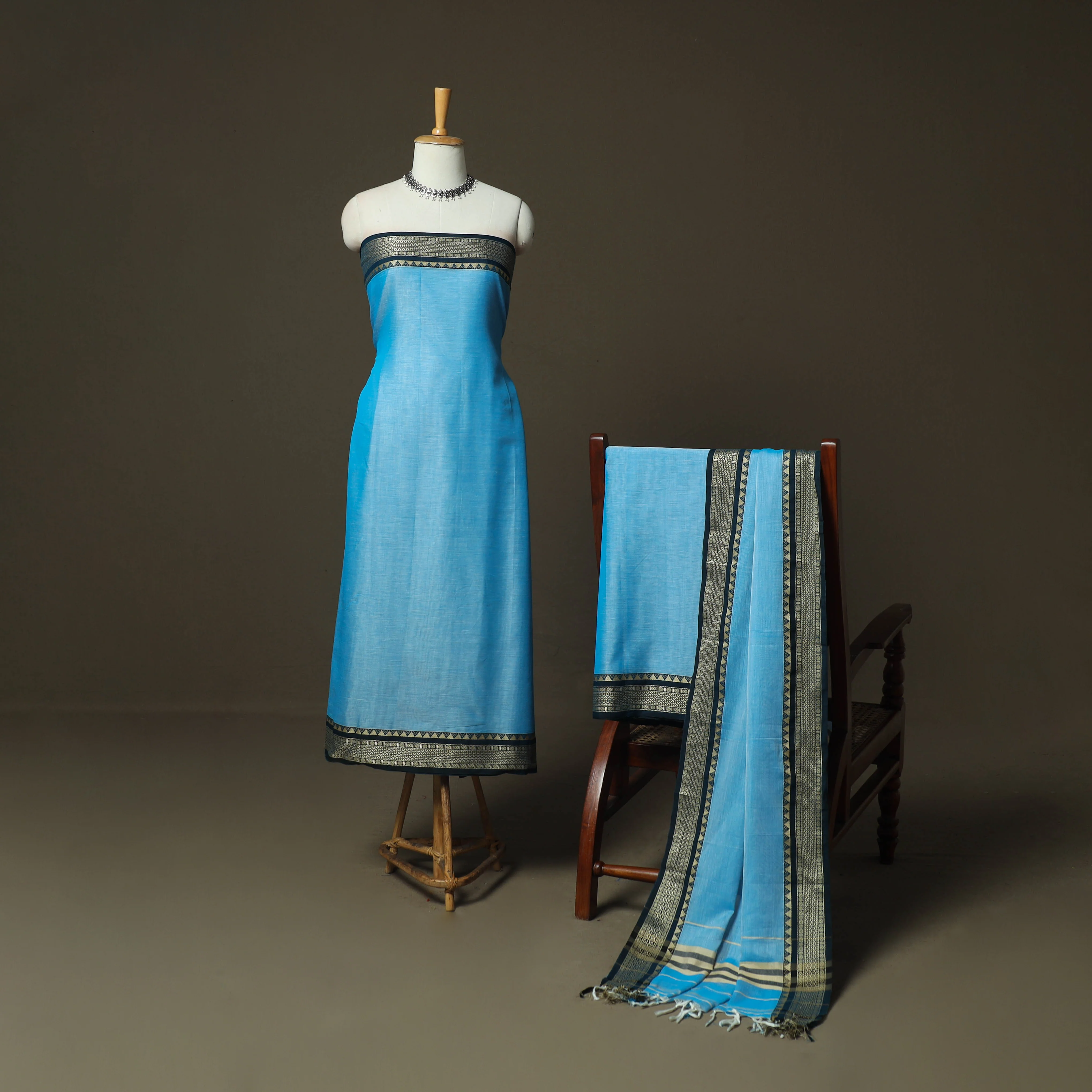 Blue - Dharwad Woven Mercerised Cotton 3pc Unstitched Dress Material Suit Set 01 - Image 2