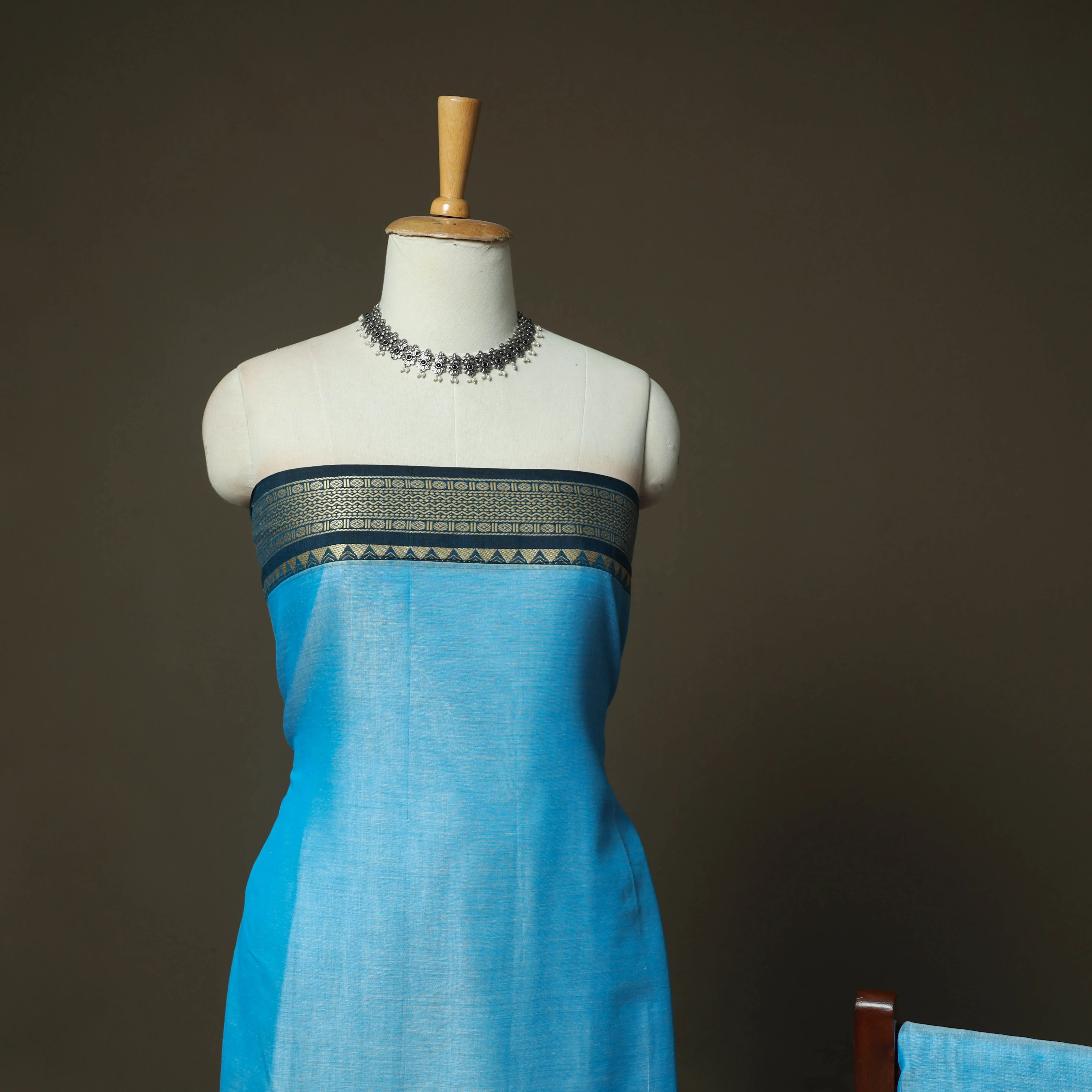 Blue - Dharwad Woven Mercerised Cotton 3pc Unstitched Dress Material Suit Set 01 - Image 3