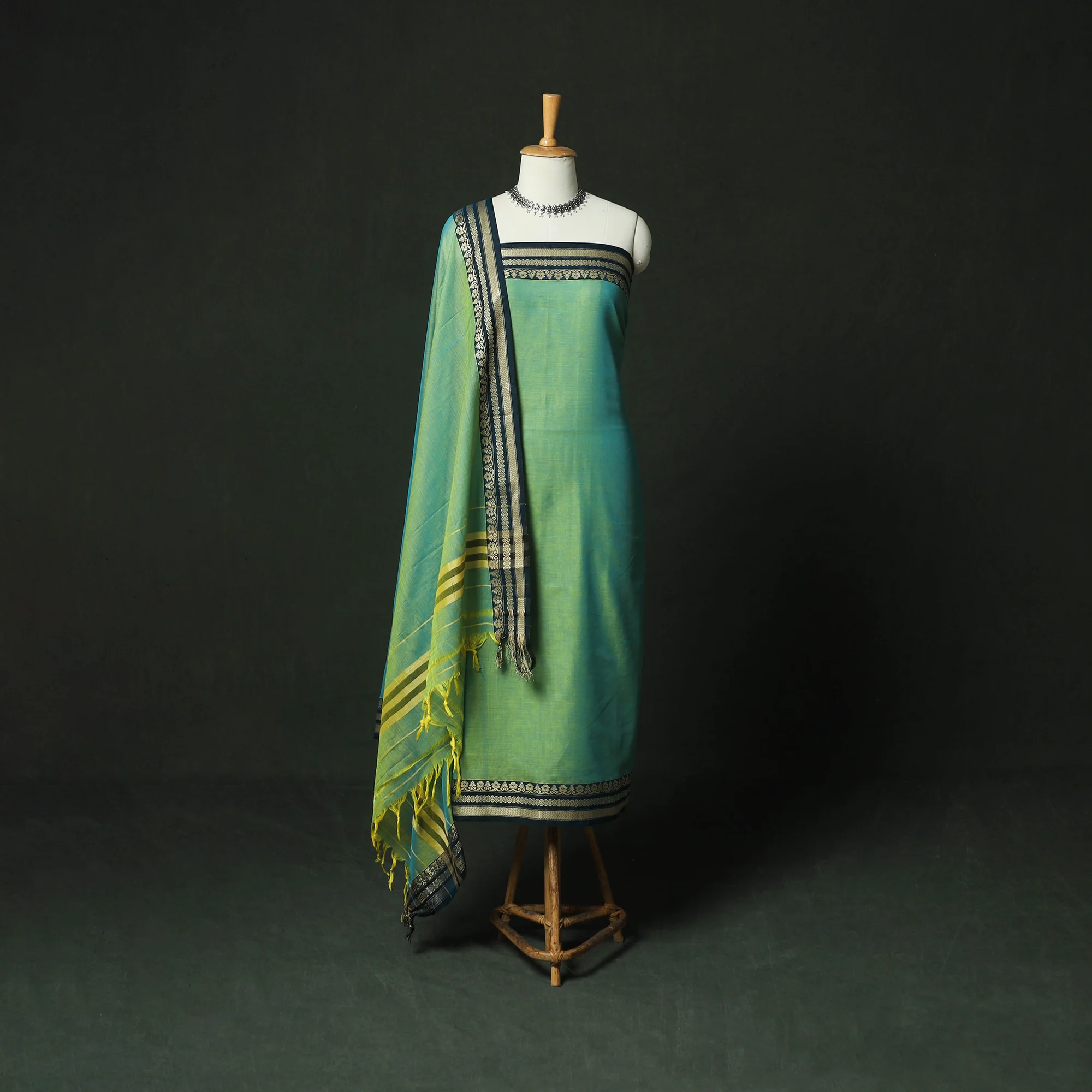 Green - Dharwad Woven Mercerised Cotton 3pc Unstitched Dress Material Suit Set 02