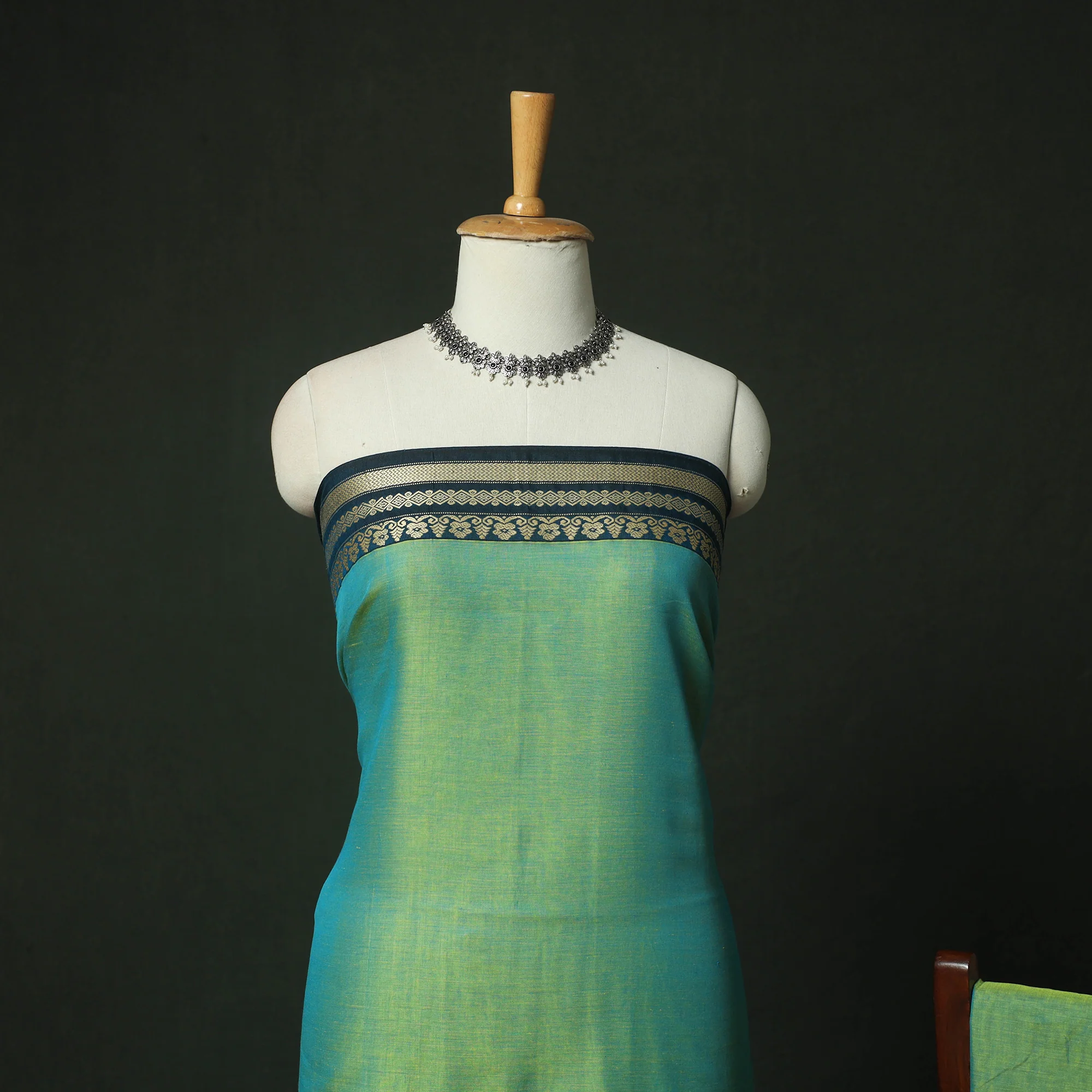 Green - Dharwad Woven Mercerised Cotton 3pc Unstitched Dress Material Suit Set 02 - Image 3
