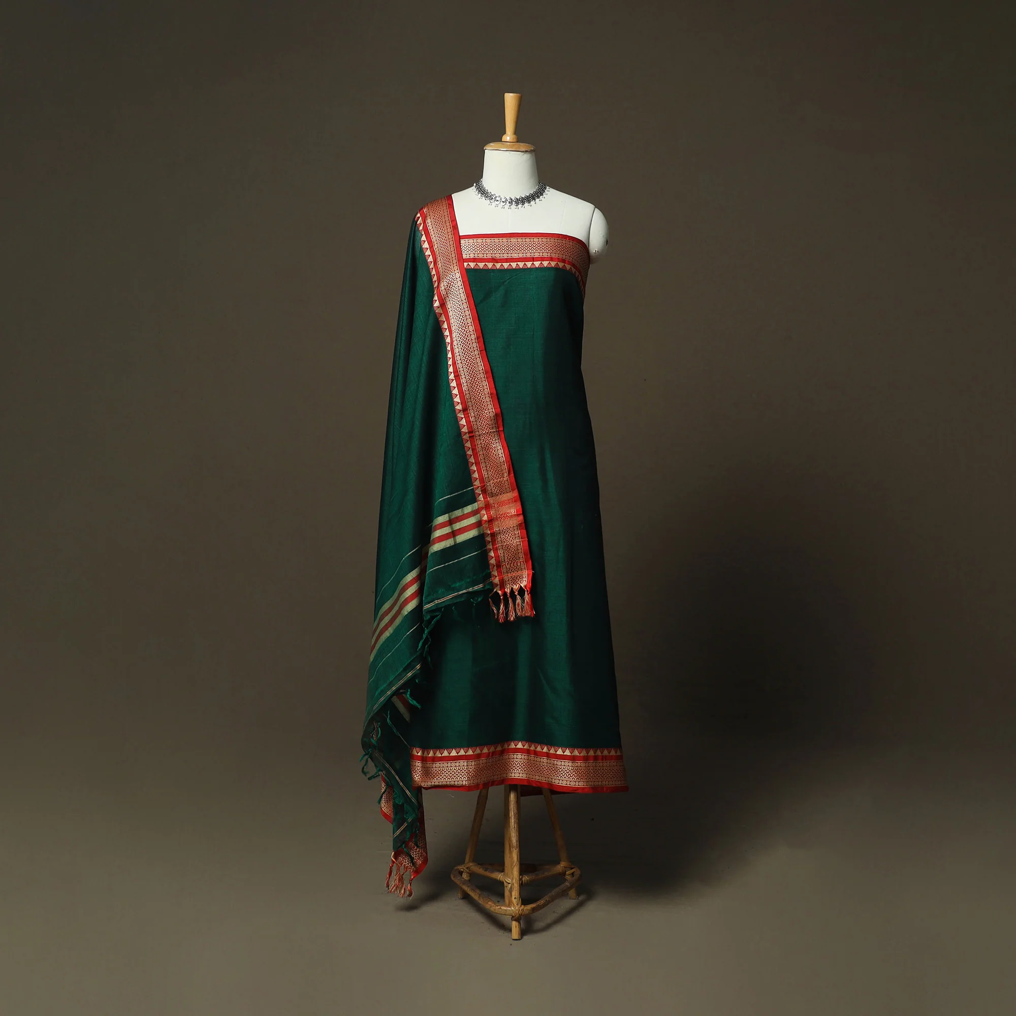Green - Dharwad Woven Mercerised Cotton 3pc Unstitched Dress Material Suit Set 03