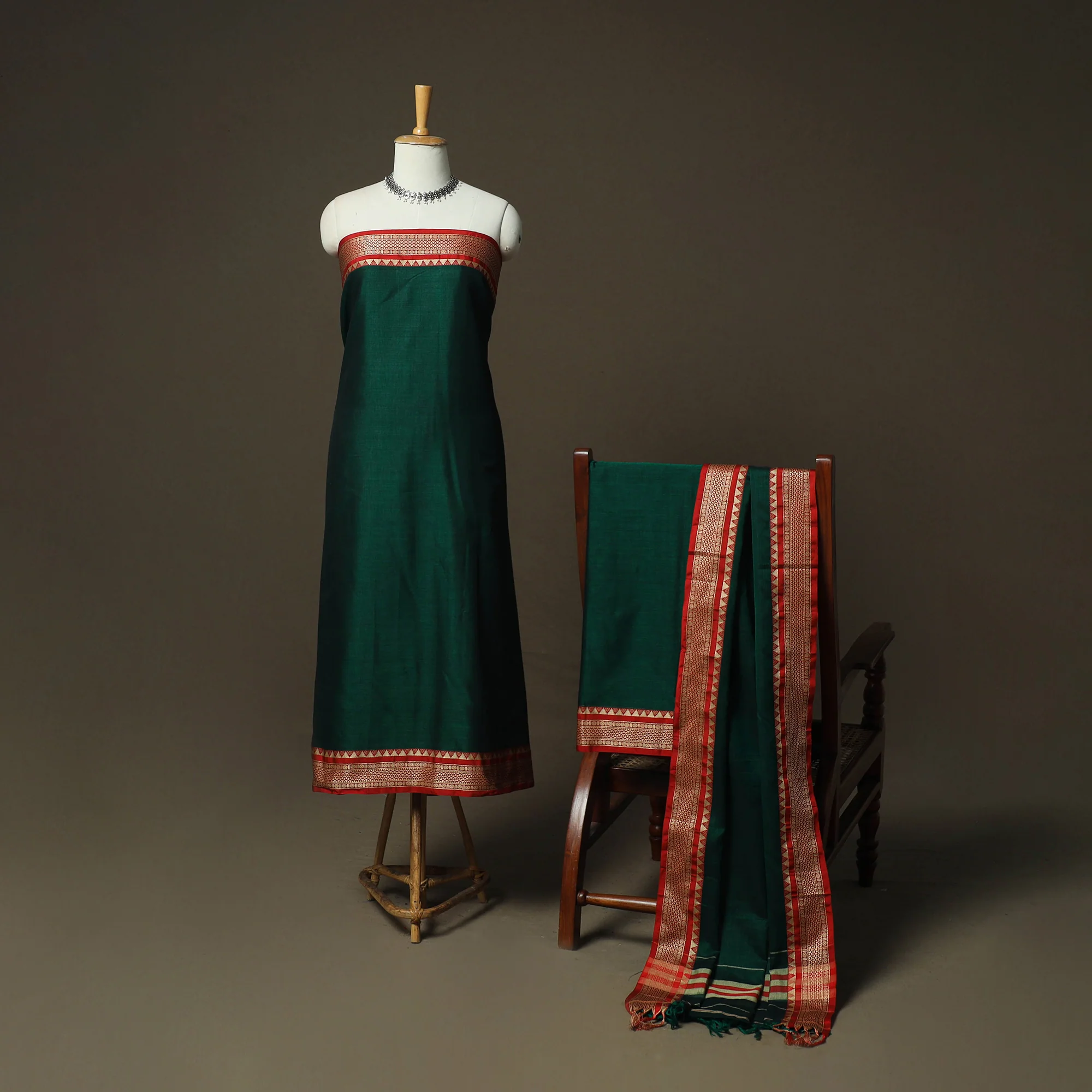 Green - Dharwad Woven Mercerised Cotton 3pc Unstitched Dress Material Suit Set 03 - Image 2