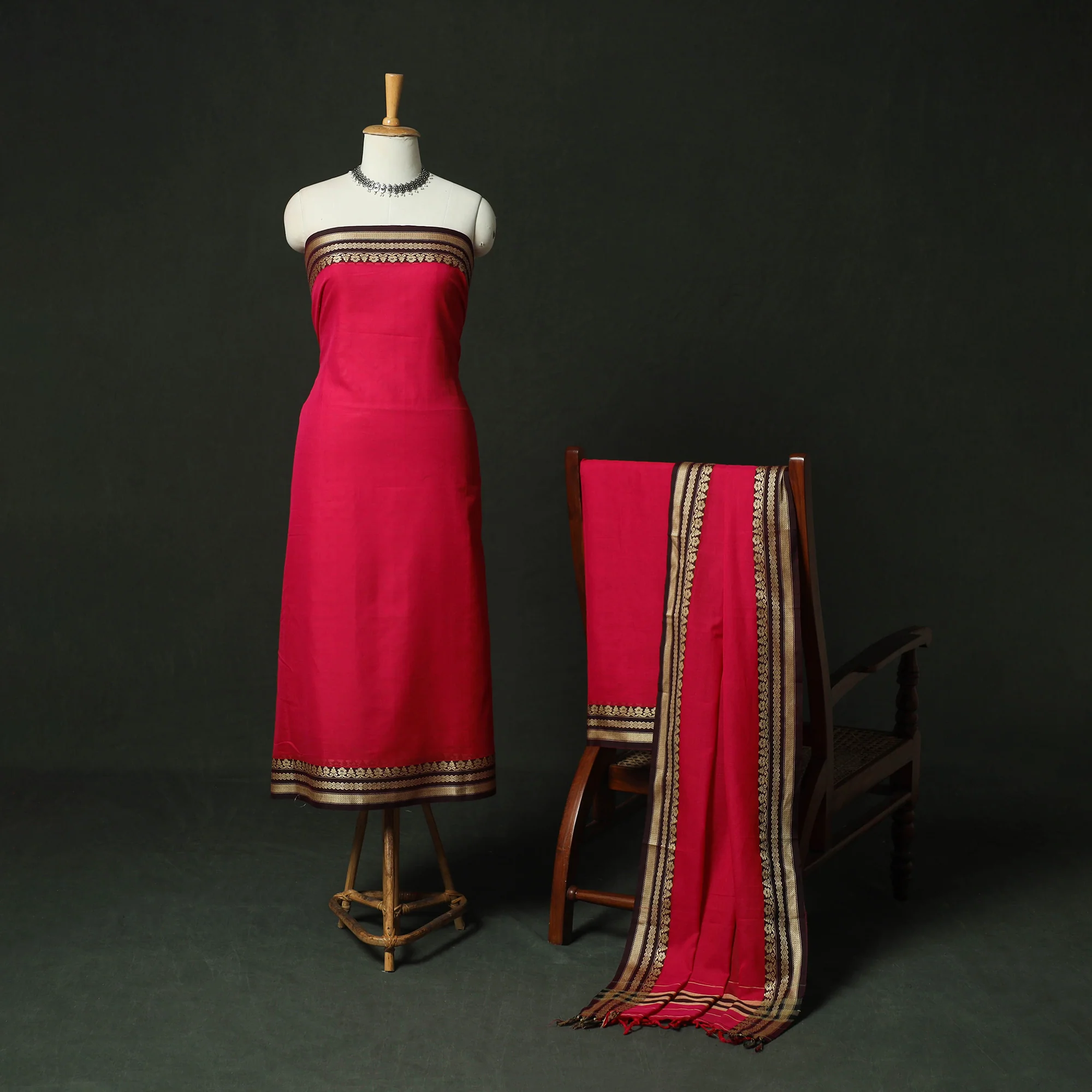 Red - Dharwad Woven Mercerised Cotton 3pc Unstitched Dress Material Suit Set 04 - Image 2