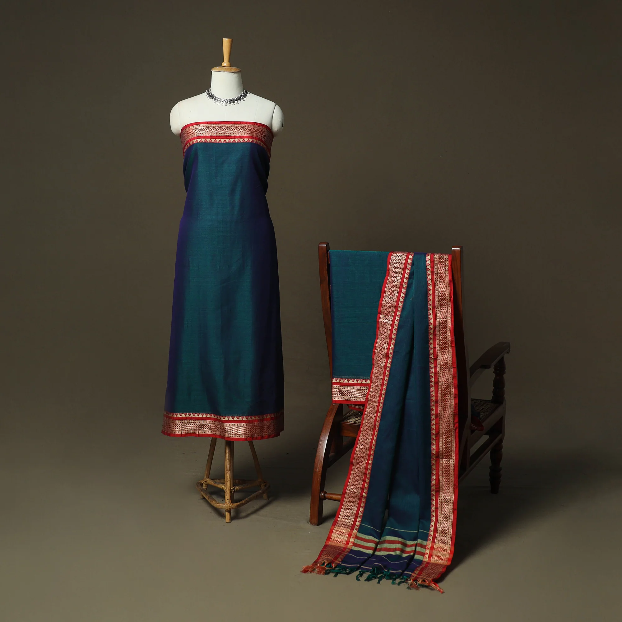Green - Dharwad Woven Mercerised Cotton 3pc Unstitched Dress Material Suit Set 04 - Image 2